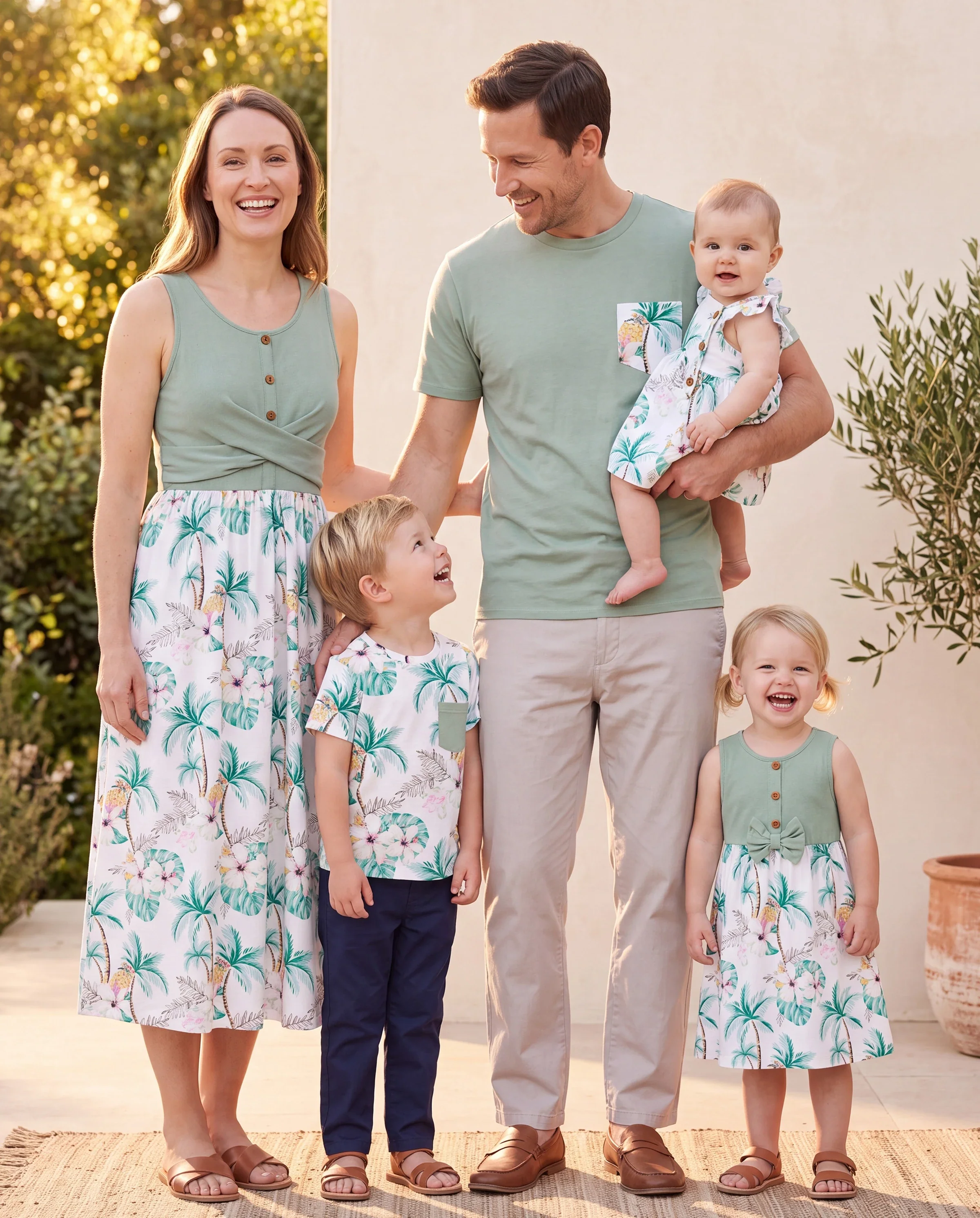Family Matching Tropical Print Outfits Mommy & Me Tank Dress & Dad/Kids Cotton T-Shirt Set
 Green - Image 11