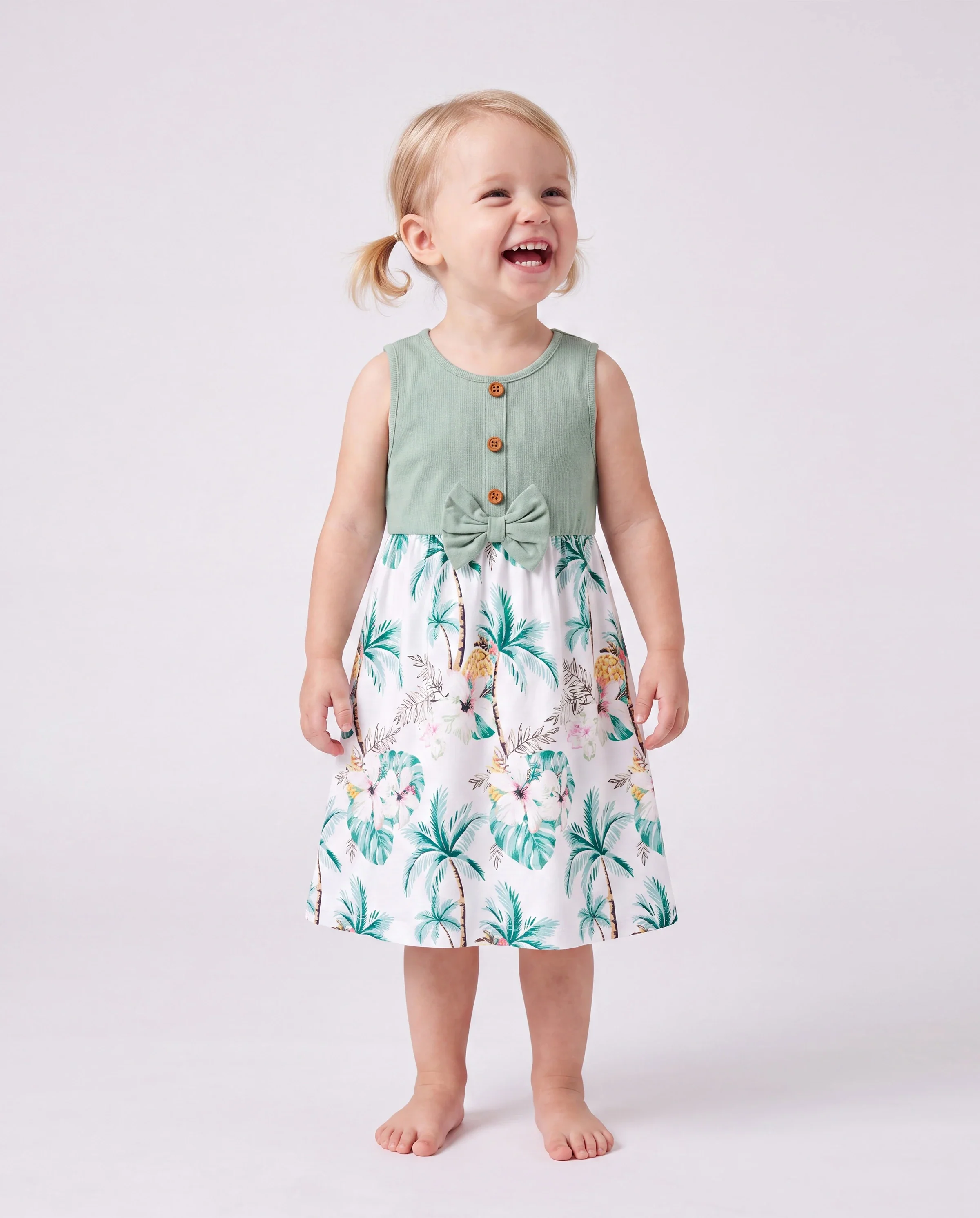 Family Matching Tropical Print Outfits Mommy & Me Tank Dress & Dad/Kids Cotton T-Shirt Set
 Green - Image 3