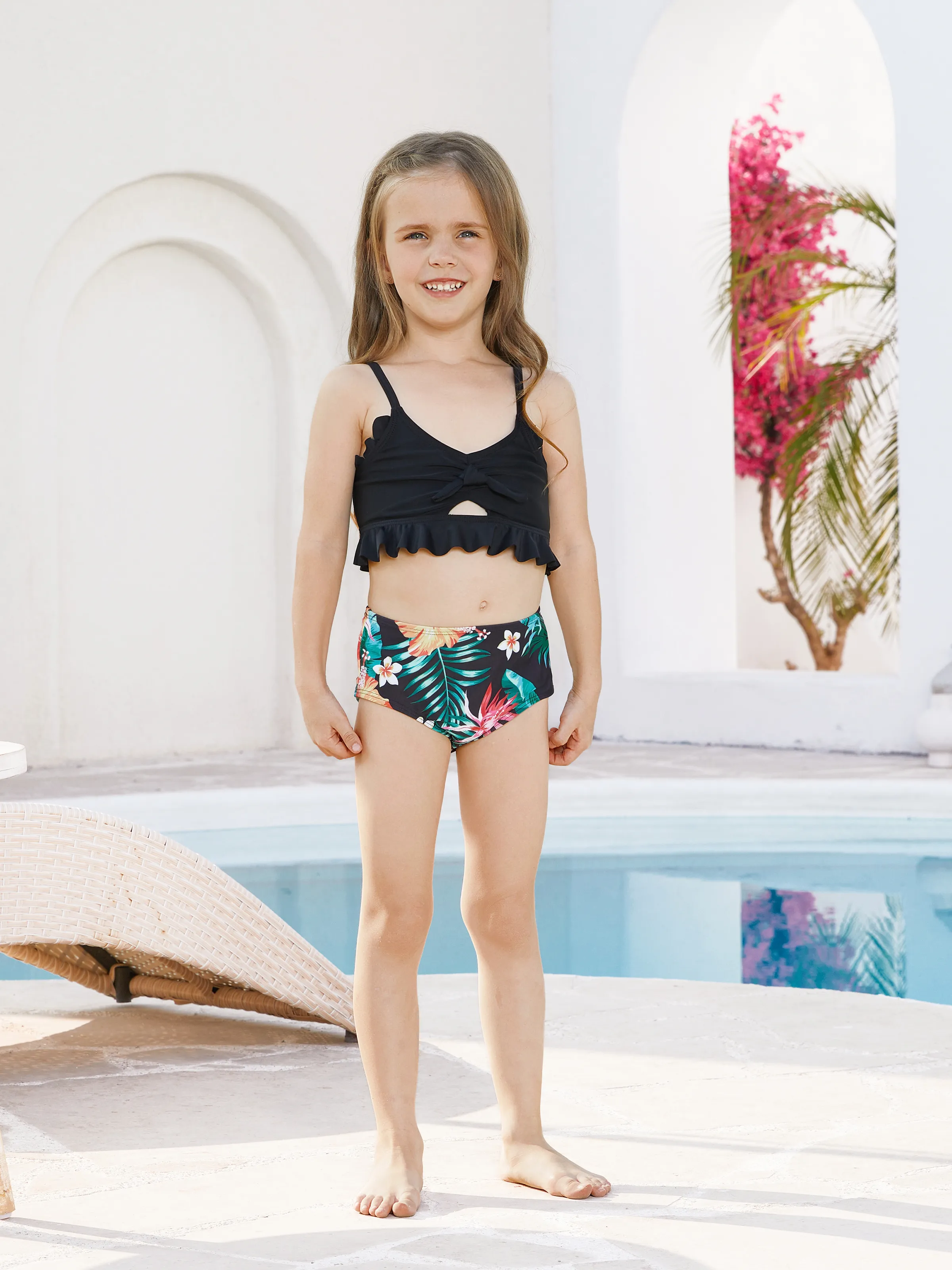 Family Matching Tropical Print Swimwear Set V-Neck Bikini & Swim Trunks Black - Image 6