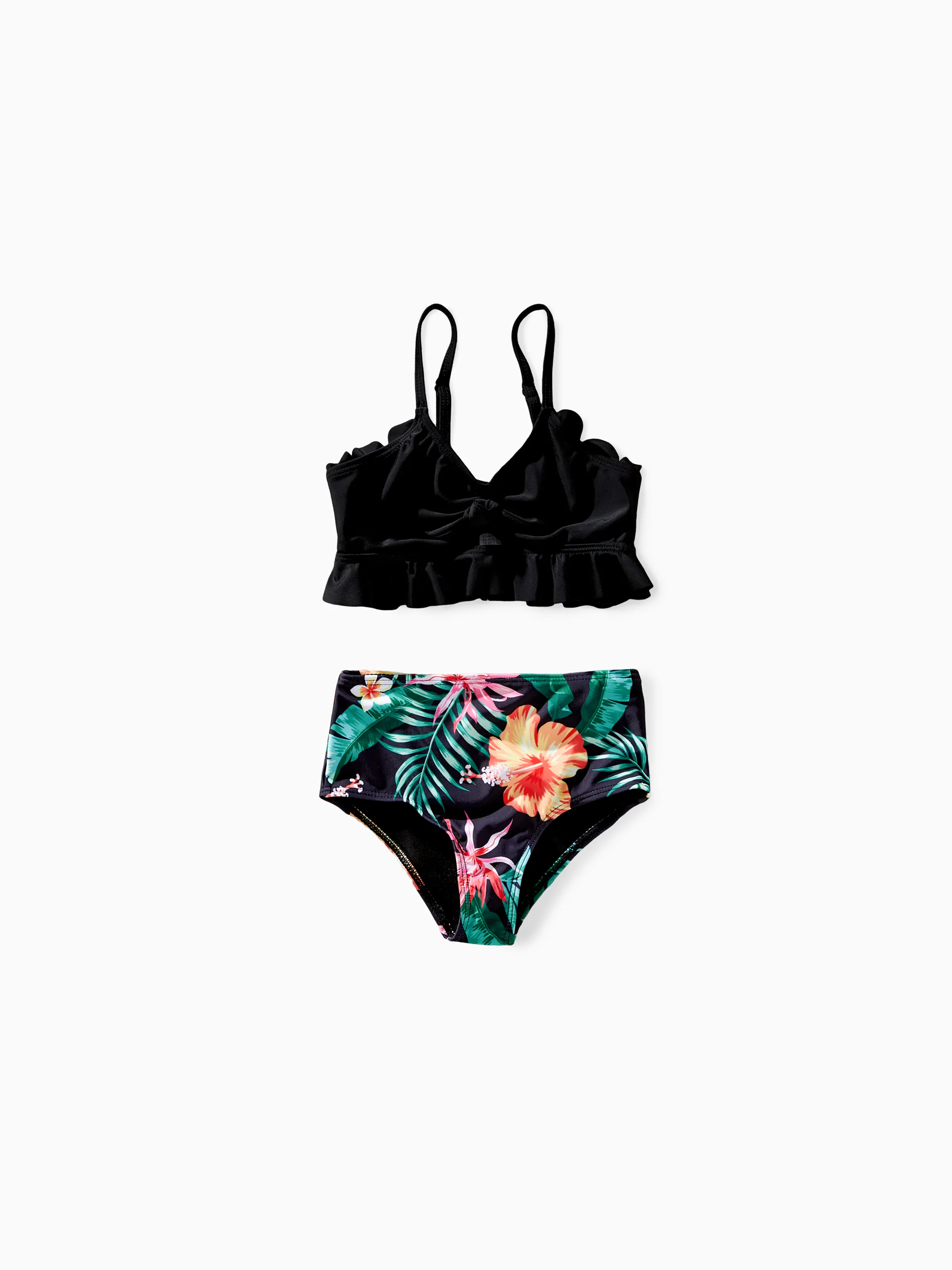 Family Matching Tropical Print Swimwear Set V-Neck Bikini & Swim Trunks Black - Image 8