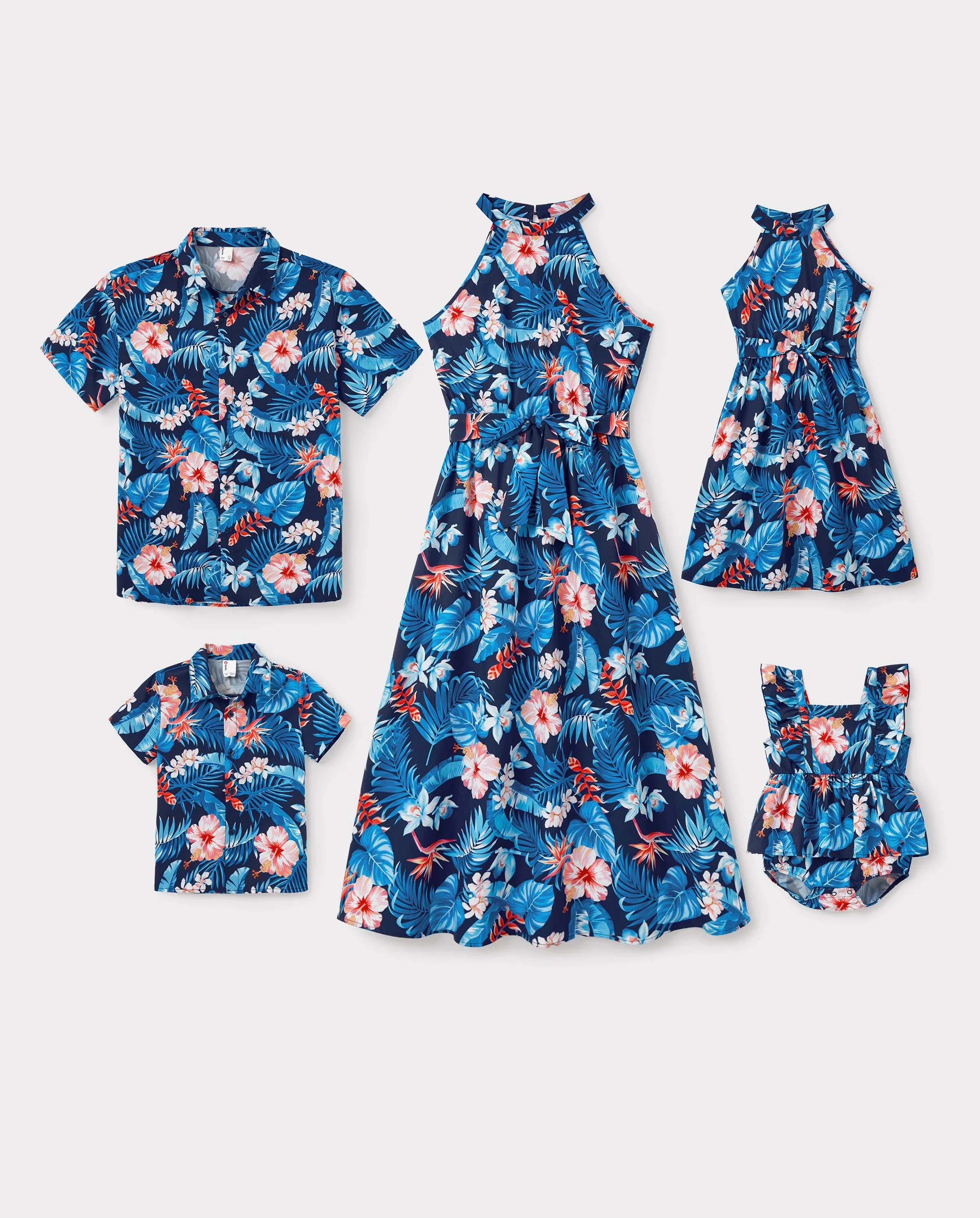 Family Matching Vacation Set Tropical Floral Print Shirt or Halter Dresses for Dad, Mom, Kids & Baby, Perfect for Summer Holidays & Family Photos Deep Blue - Image 10