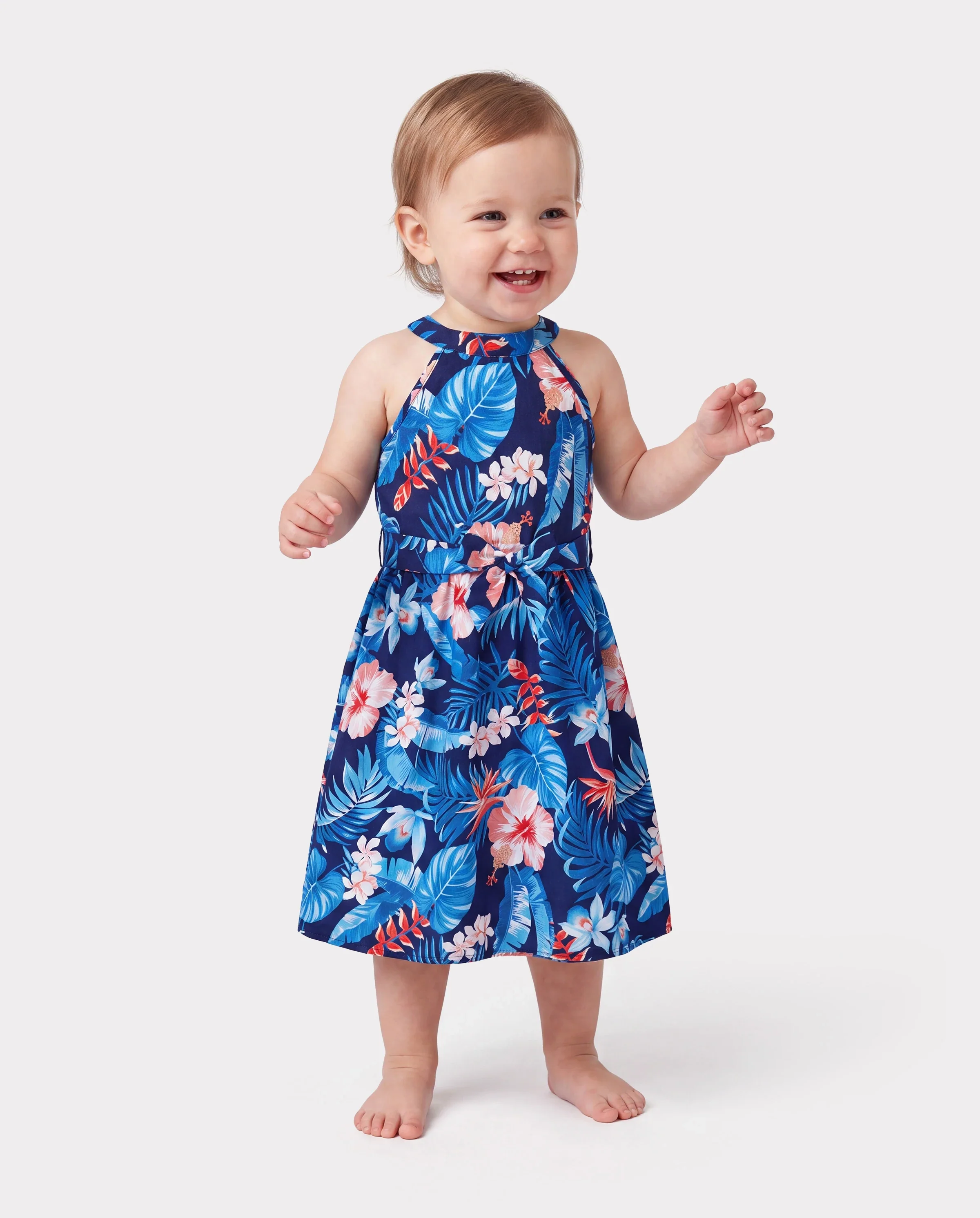 Family Matching Vacation Set Tropical Floral Print Shirt or Halter Dresses for Dad, Mom, Kids & Baby, Perfect for Summer Holidays & Family Photos Deep Blue - Image 3