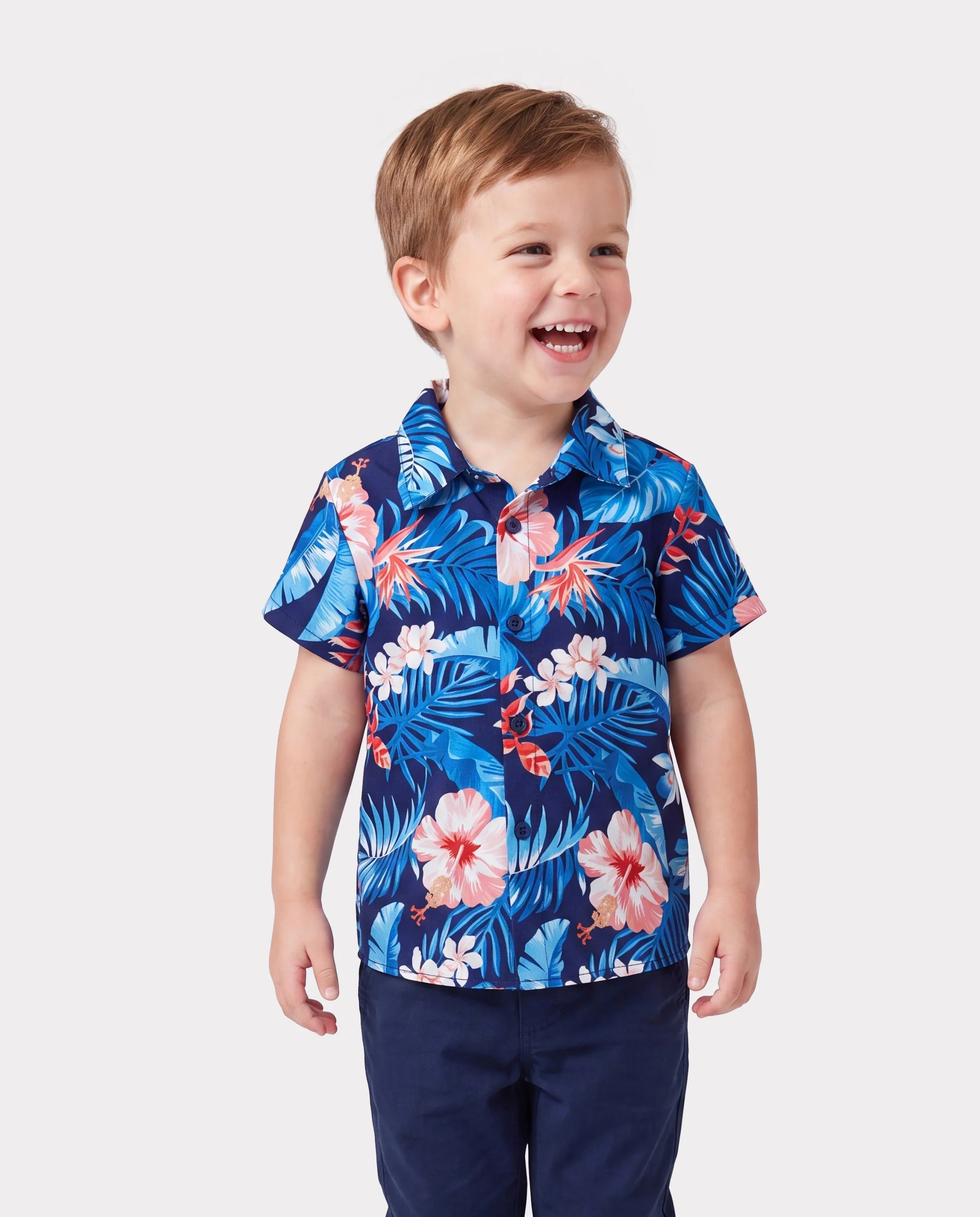 Family Matching Vacation Set Tropical Floral Print Shirt or Halter Dresses for Dad, Mom, Kids & Baby, Perfect for Summer Holidays & Family Photos Deep Blue - Image 5