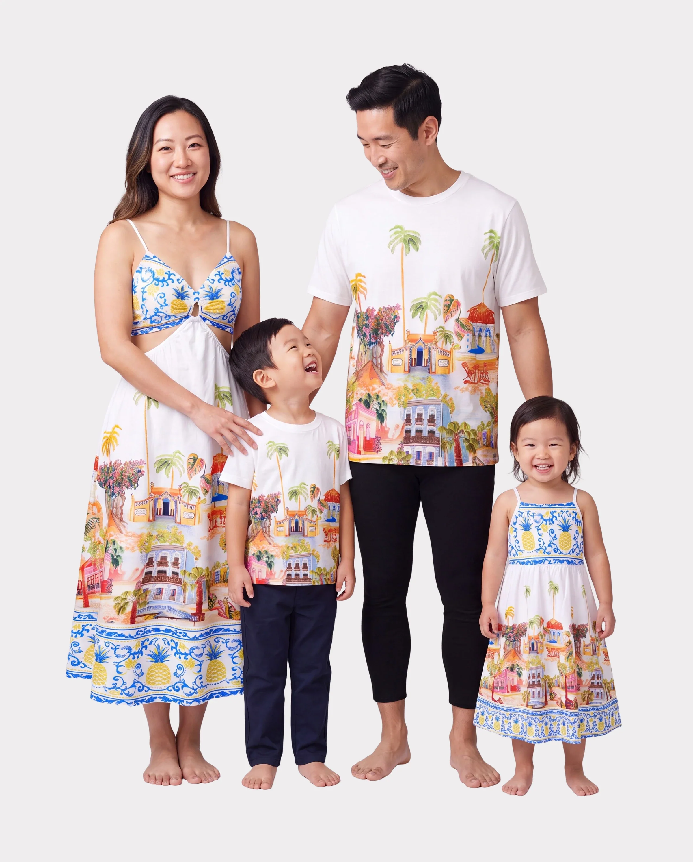 Family Matching Vacation Set Tropical Pineapple Coconut Tree Print Short-sleeve T-shirt or Hollow out Strap Dress for Summer Vacation White