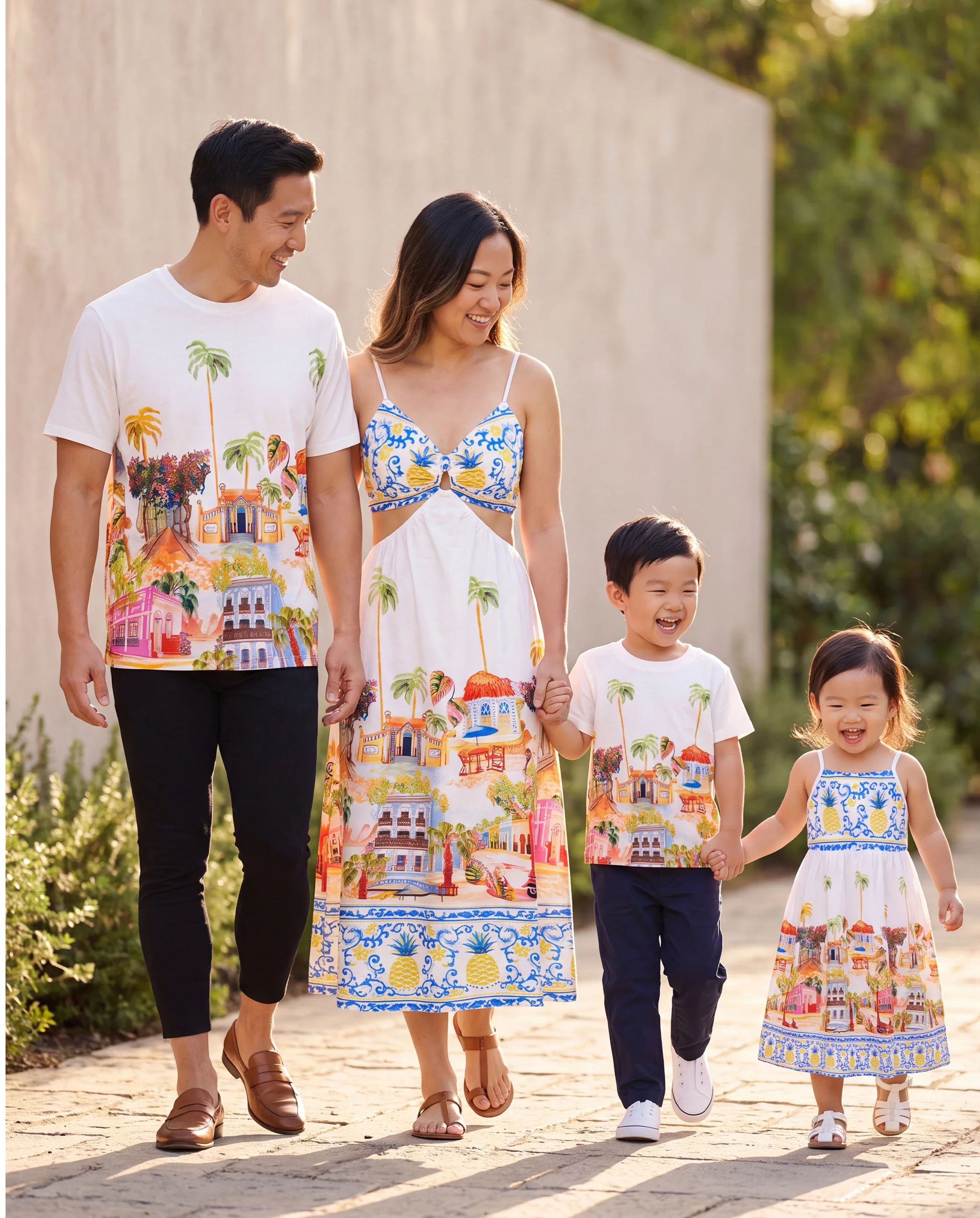 Family Matching Vacation Set Tropical Pineapple Coconut Tree Print Short-sleeve T-shirt or Hollow out Strap Dress for Summer Vacation White - Image 10