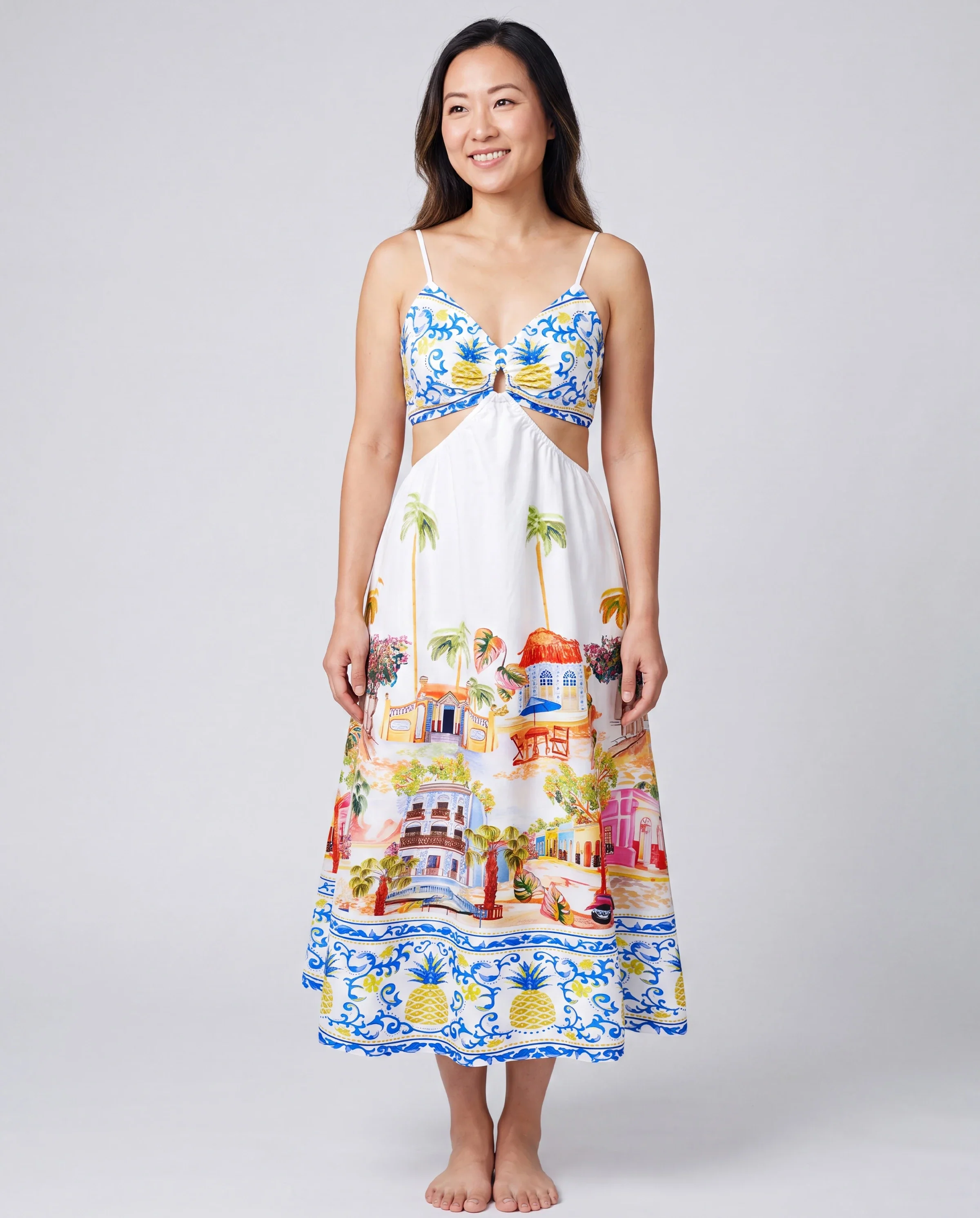 Family Matching Vacation Set Tropical Pineapple Coconut Tree Print Short-sleeve T-shirt or Hollow out Strap Dress for Summer Vacation White - Image 2