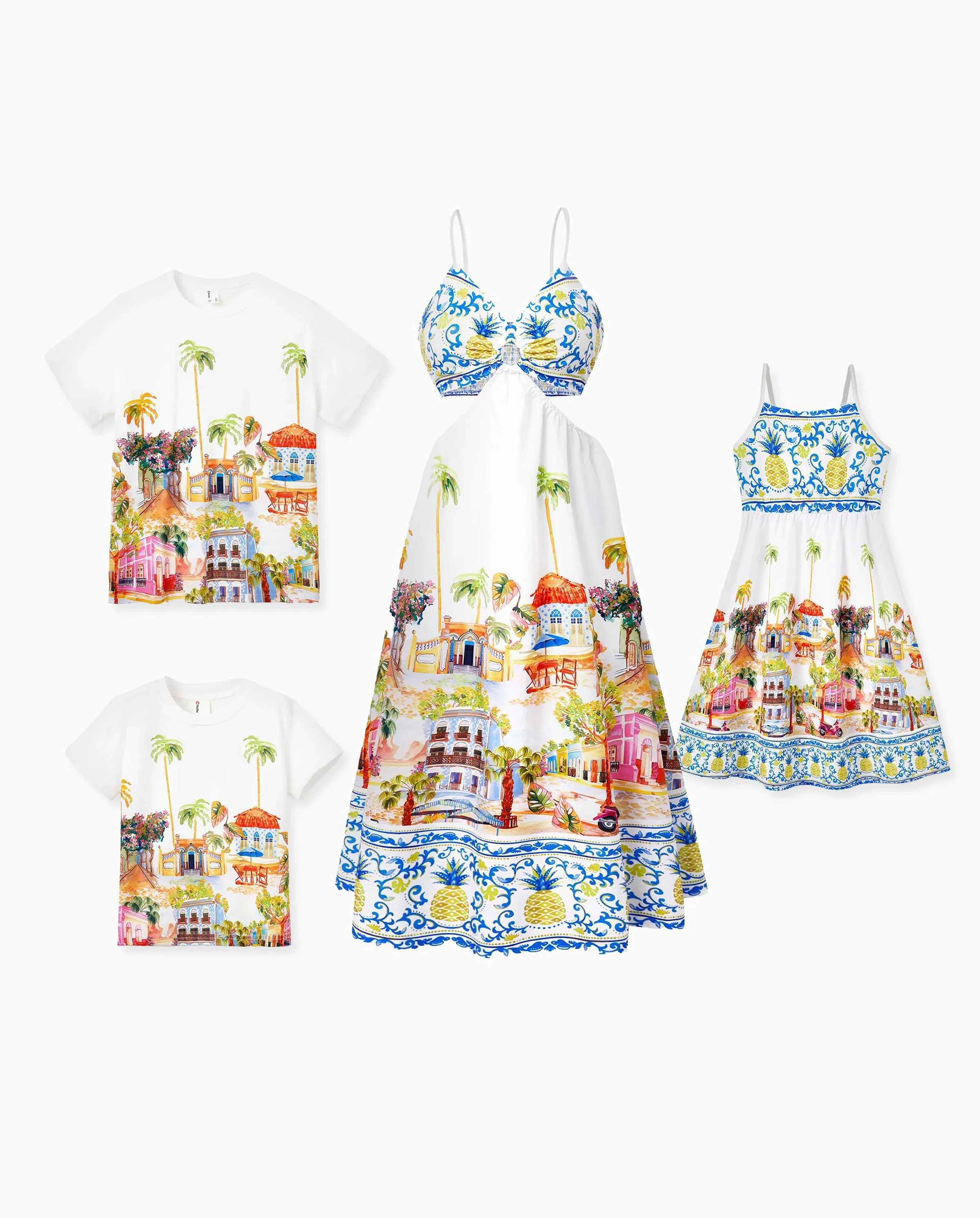 Family Matching Vacation Set Tropical Pineapple Coconut Tree Print Short-sleeve T-shirt or Hollow out Strap Dress for Summer Vacation White - Image 9