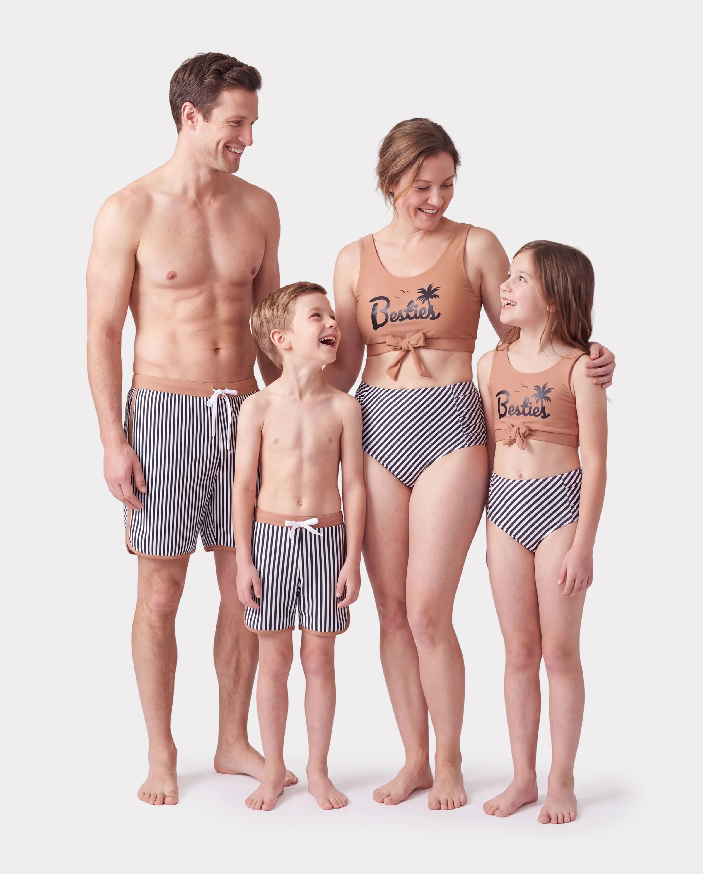 Family Matching Vertical Stripe Drawstring Swim Drunks or Besties Printed Crop Tank Bikini Khaki