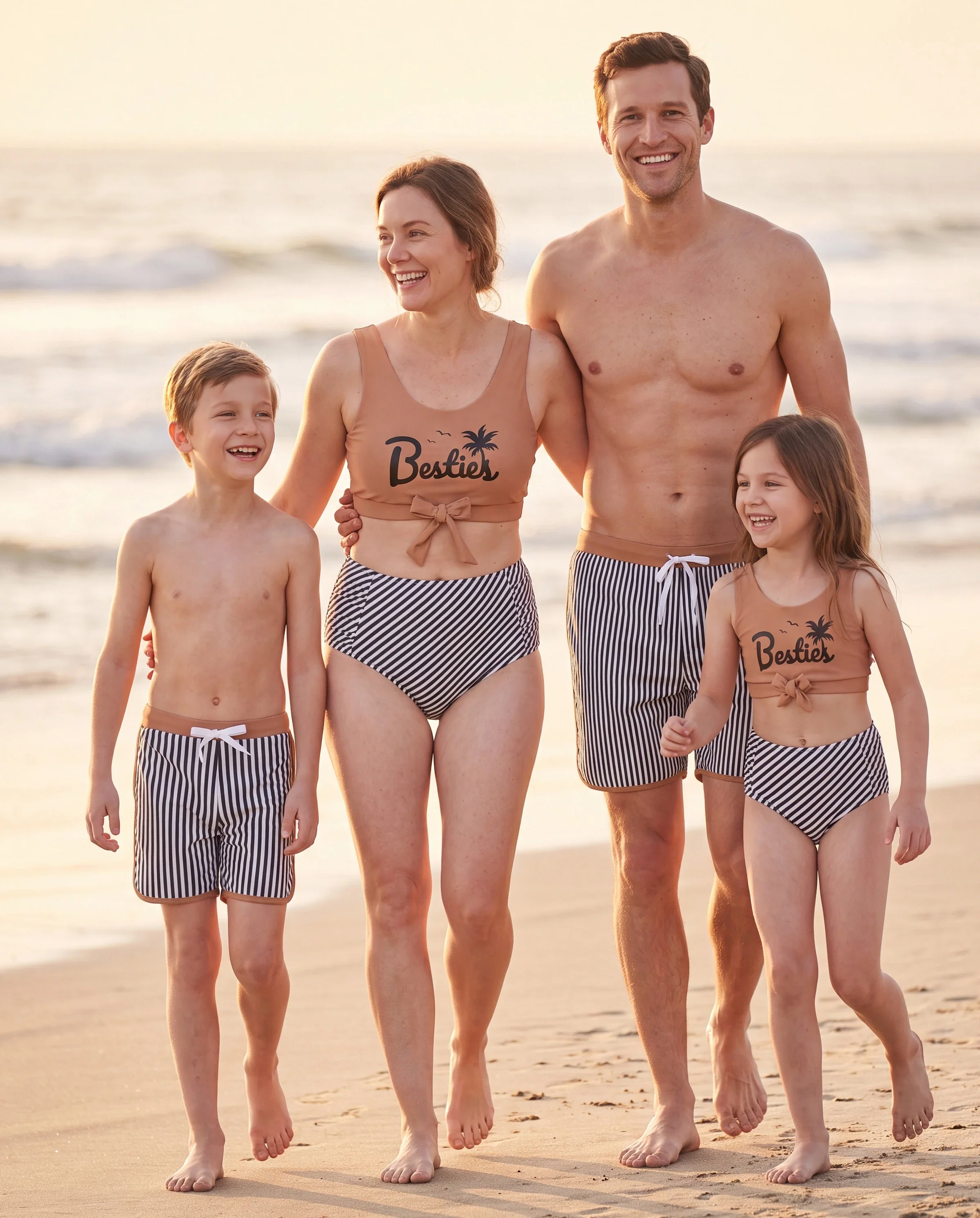Family Matching Vertical Stripe Drawstring Swim Drunks or Besties Printed Crop Tank Bikini Khaki - Image 10