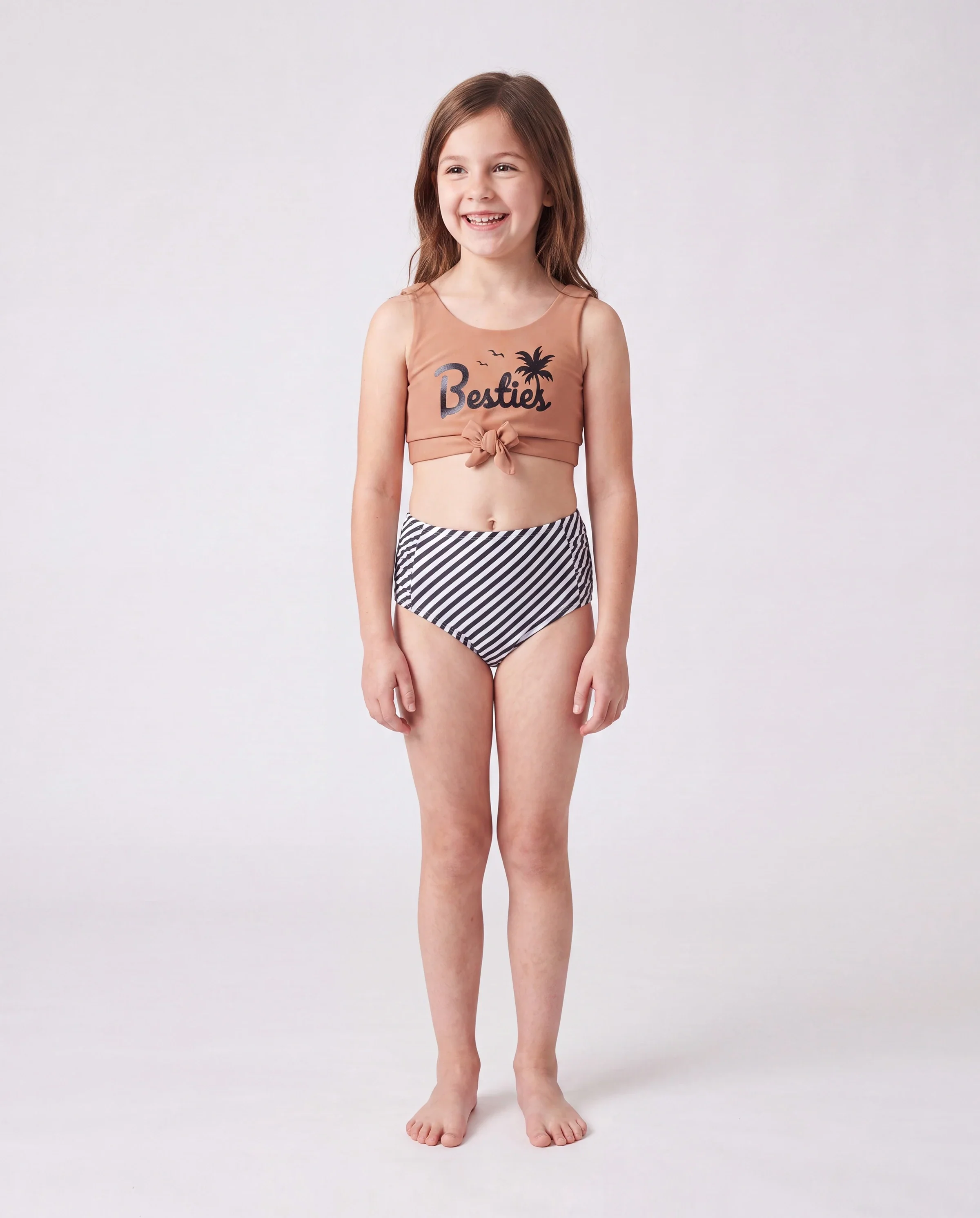 Family Matching Vertical Stripe Drawstring Swim Drunks or Besties Printed Crop Tank Bikini Khaki - Image 3