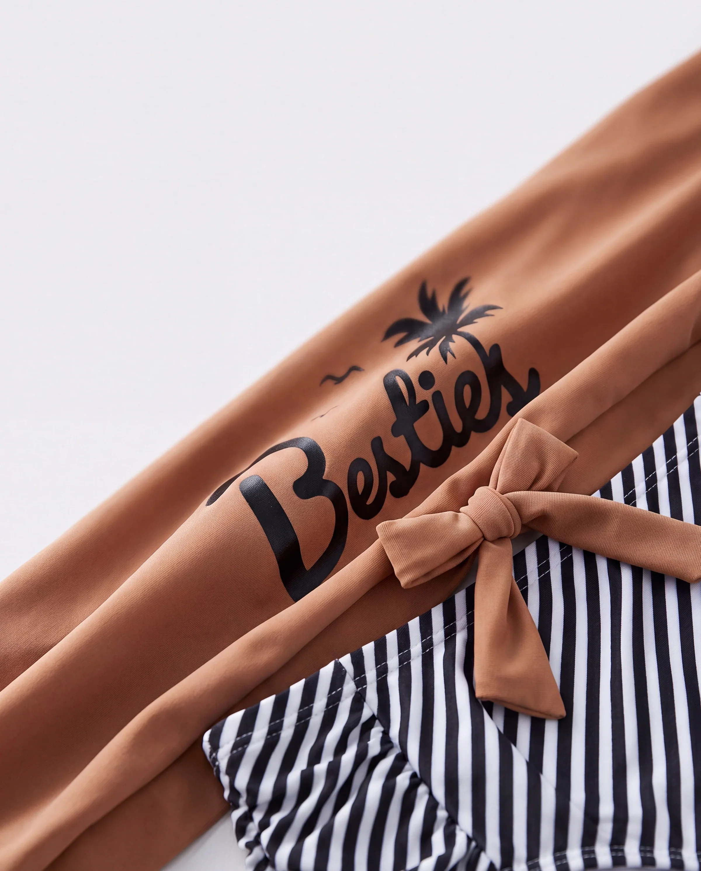 Family Matching Vertical Stripe Drawstring Swim Drunks or Besties Printed Crop Tank Bikini Khaki - Image 6