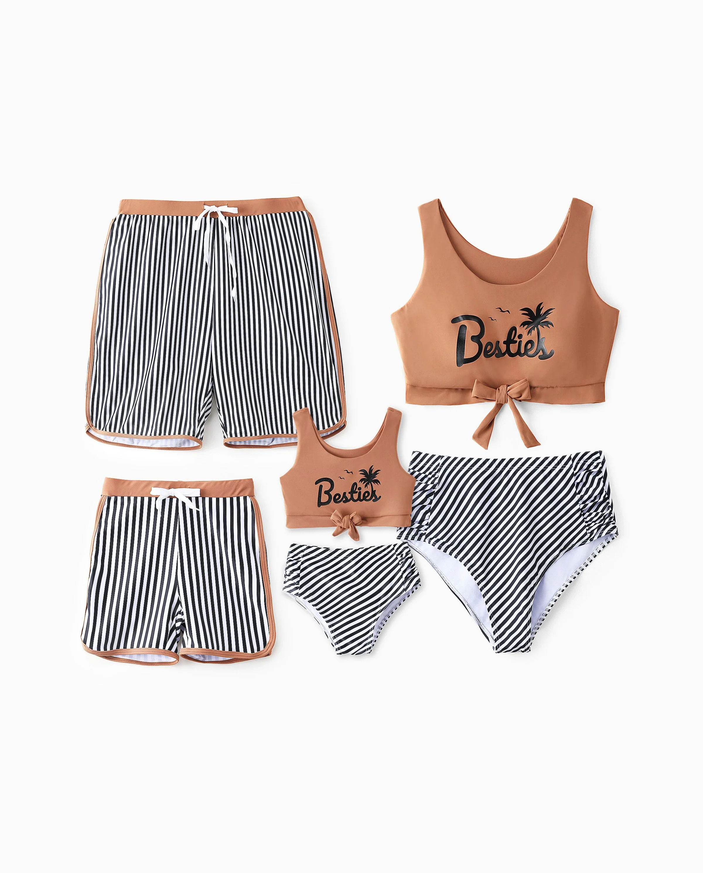 Family Matching Vertical Stripe Drawstring Swim Drunks or Besties Printed Crop Tank Bikini Khaki - Image 9