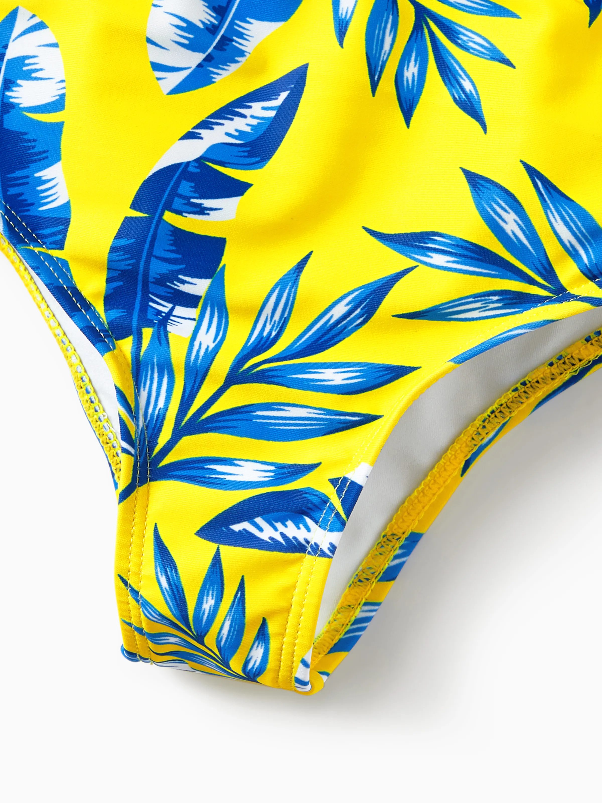 Family Matching Yellow Leaf Print Swim Trunks or Ruched Flutter Sleeve Bikini with Optional Swim Cover Up Yellow - Image 12