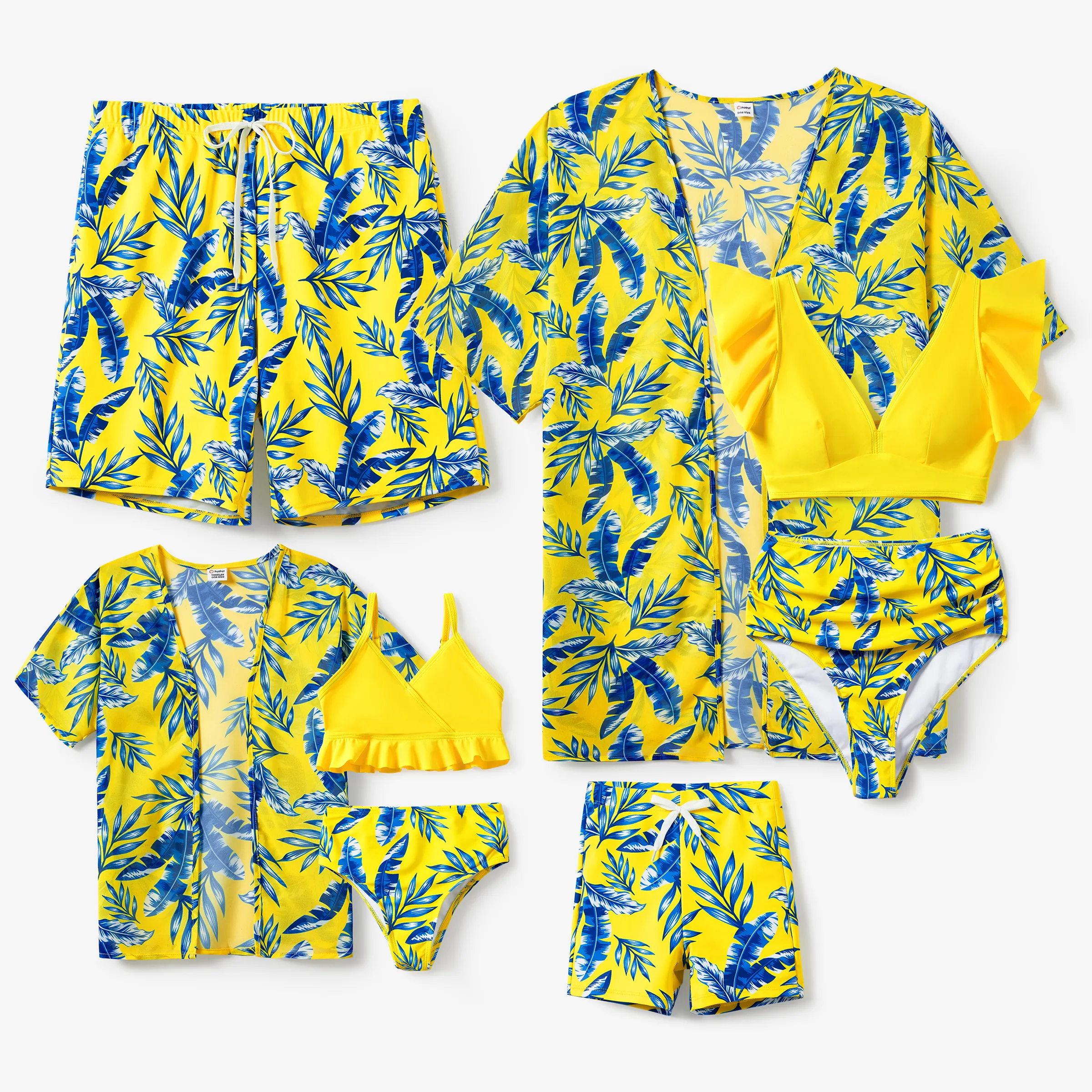 Family Matching Yellow Leaf Print Swim Trunks or Ruched Flutter Sleeve Bikini with Optional Swim Cover Up Yellow - Image 13