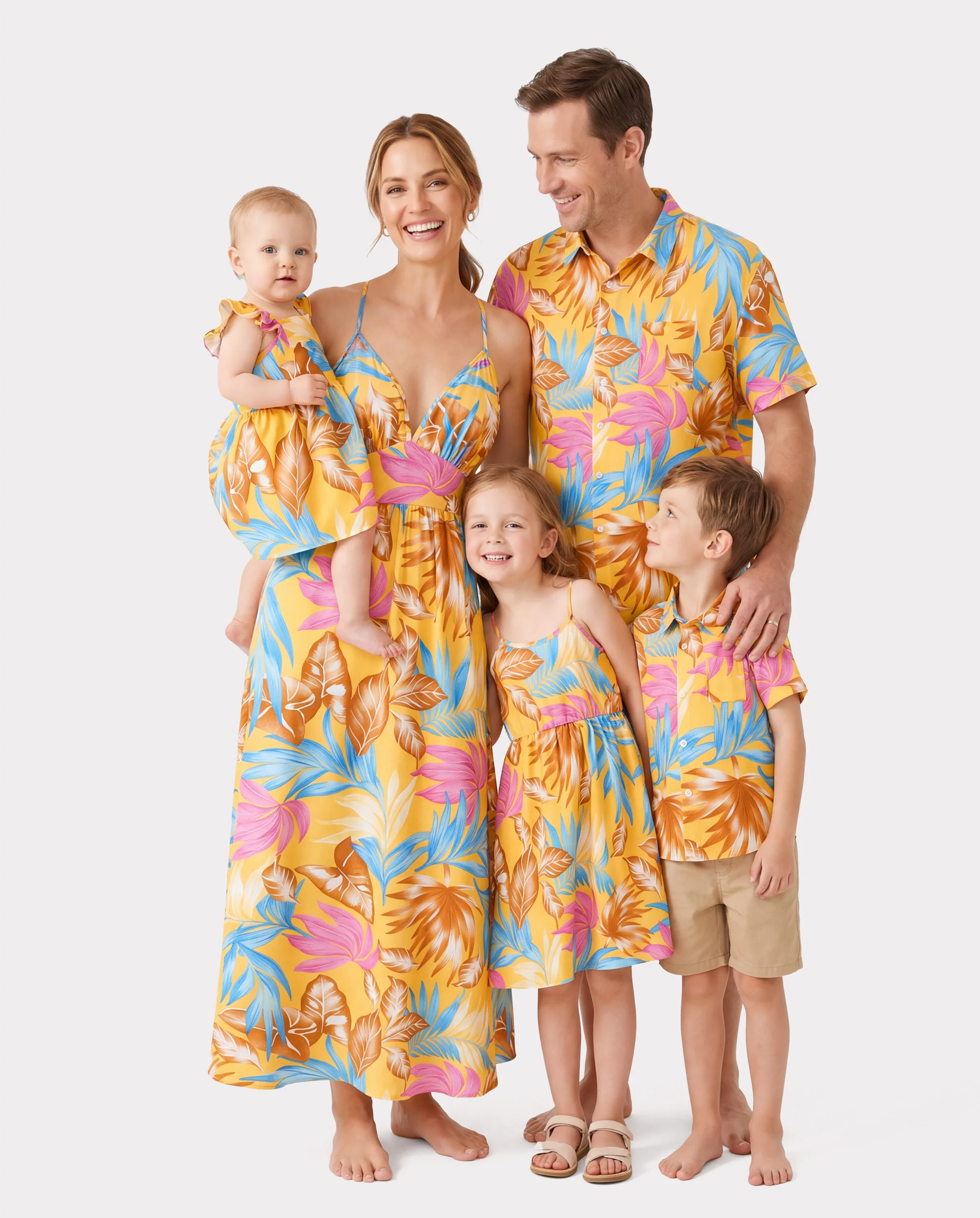 Family Matching Yellow Set Tropical Leaf Print Short-sleeve Shirt or Strap Dress Yellow