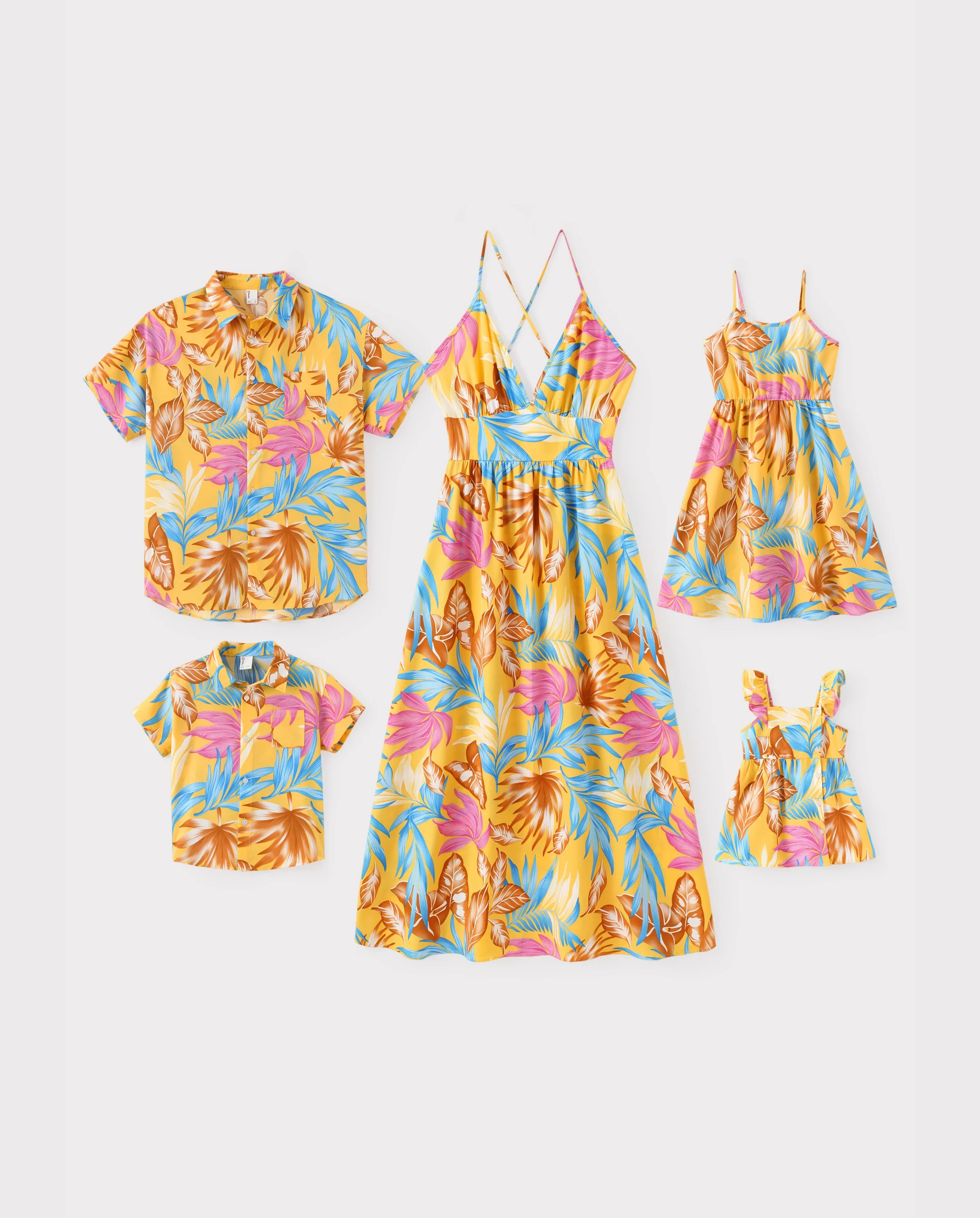 Family Matching Yellow Set Tropical Leaf Print Short-sleeve Shirt or Strap Dress Yellow - Image 10