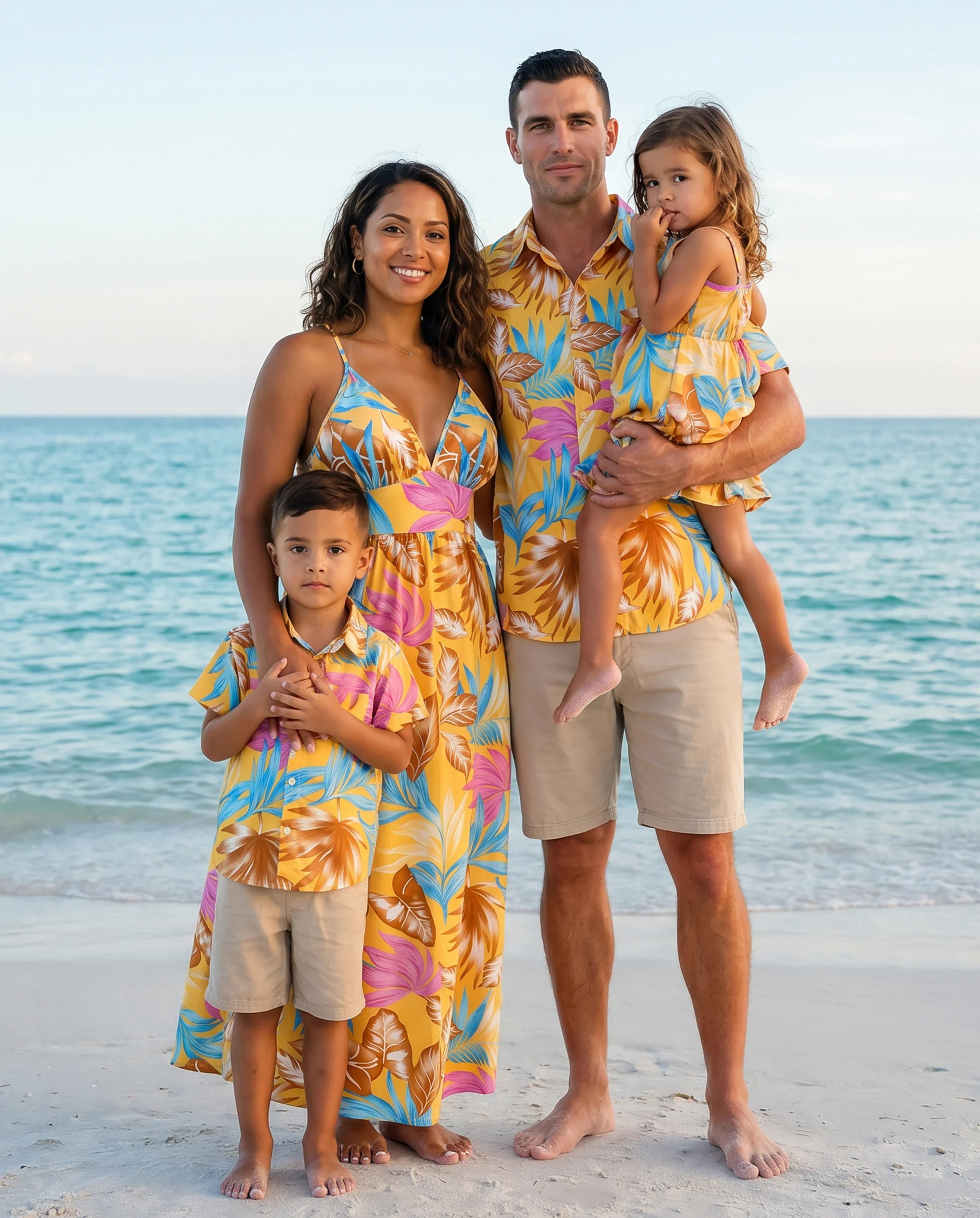 Family Matching Yellow Set Tropical Leaf Print Short-sleeve Shirt or Strap Dress Yellow - Image 11