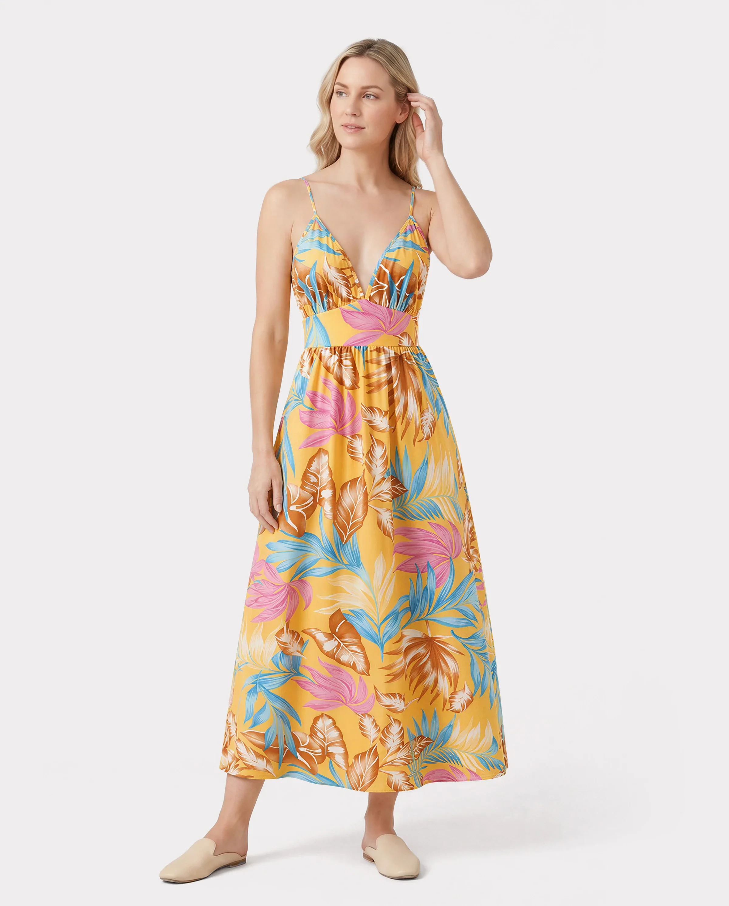 Family Matching Yellow Set Tropical Leaf Print Short-sleeve Shirt or Strap Dress Yellow - Image 2