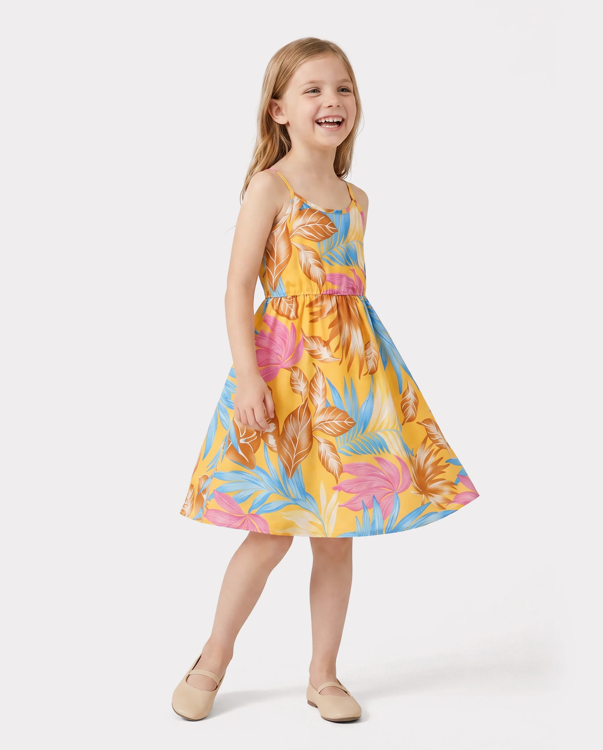 Family Matching Yellow Set Tropical Leaf Print Short-sleeve Shirt or Strap Dress Yellow - Image 3