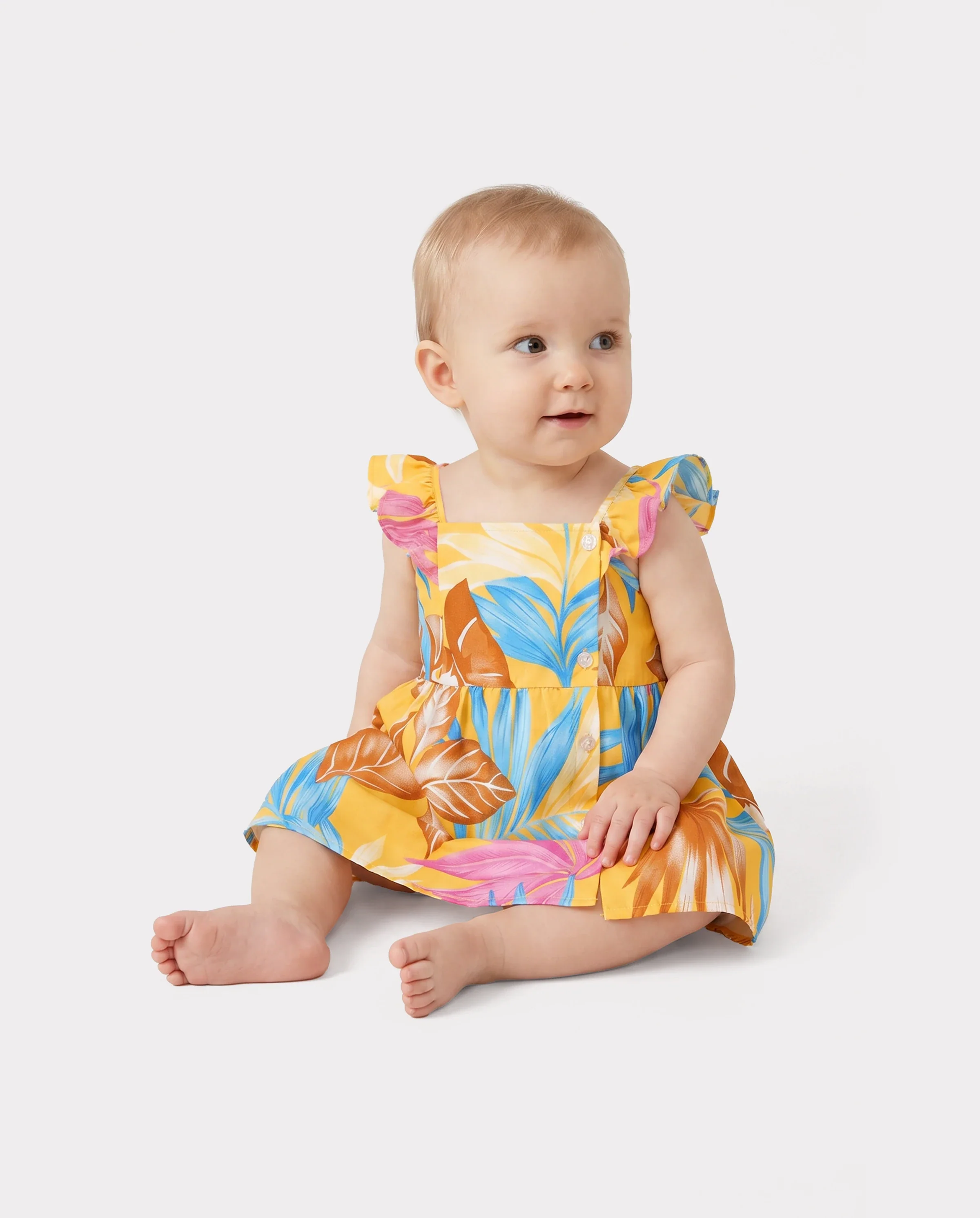Family Matching Yellow Set Tropical Leaf Print Short-sleeve Shirt or Strap Dress Yellow - Image 4