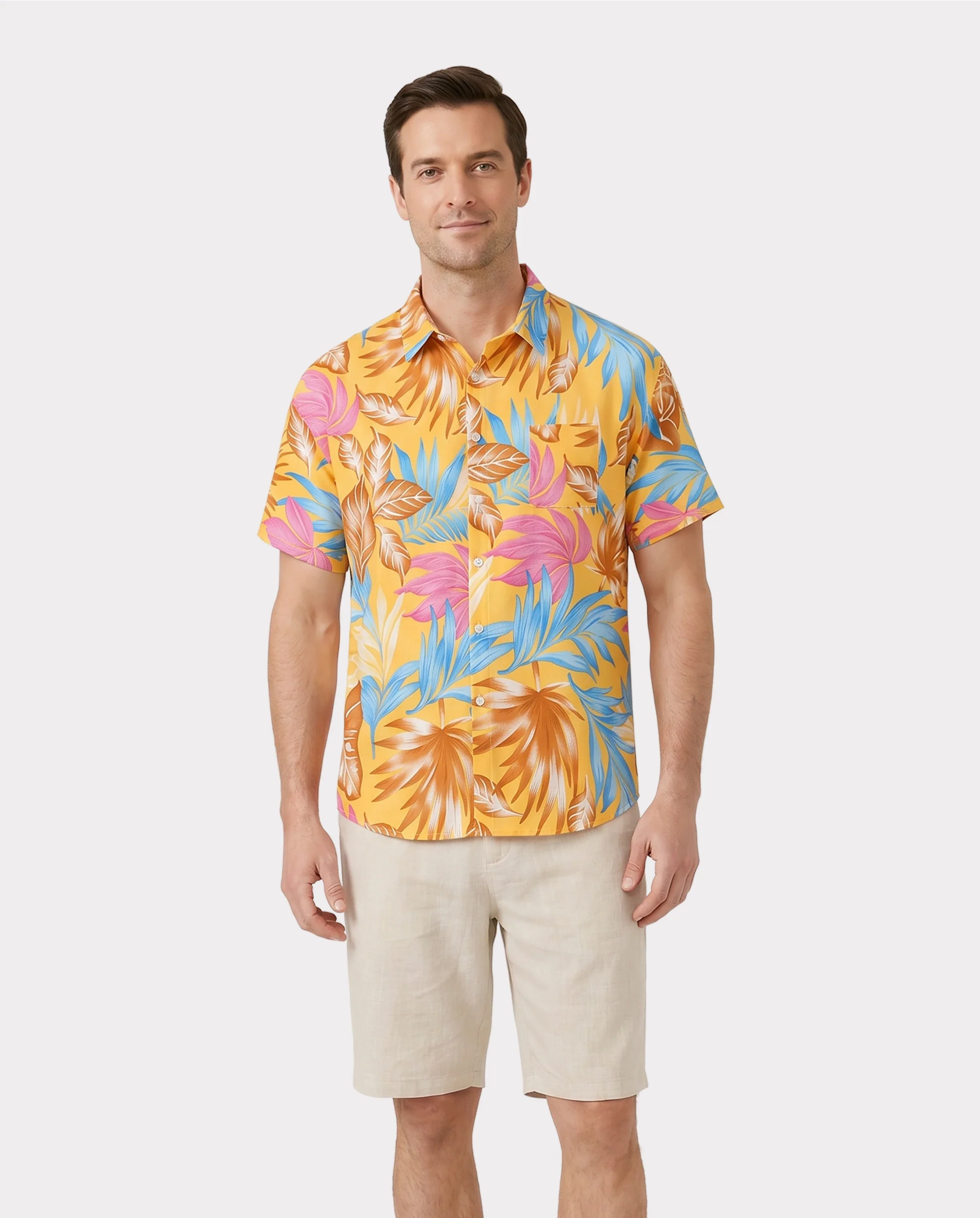 Family Matching Yellow Set Tropical Leaf Print Short-sleeve Shirt or Strap Dress Yellow - Image 6