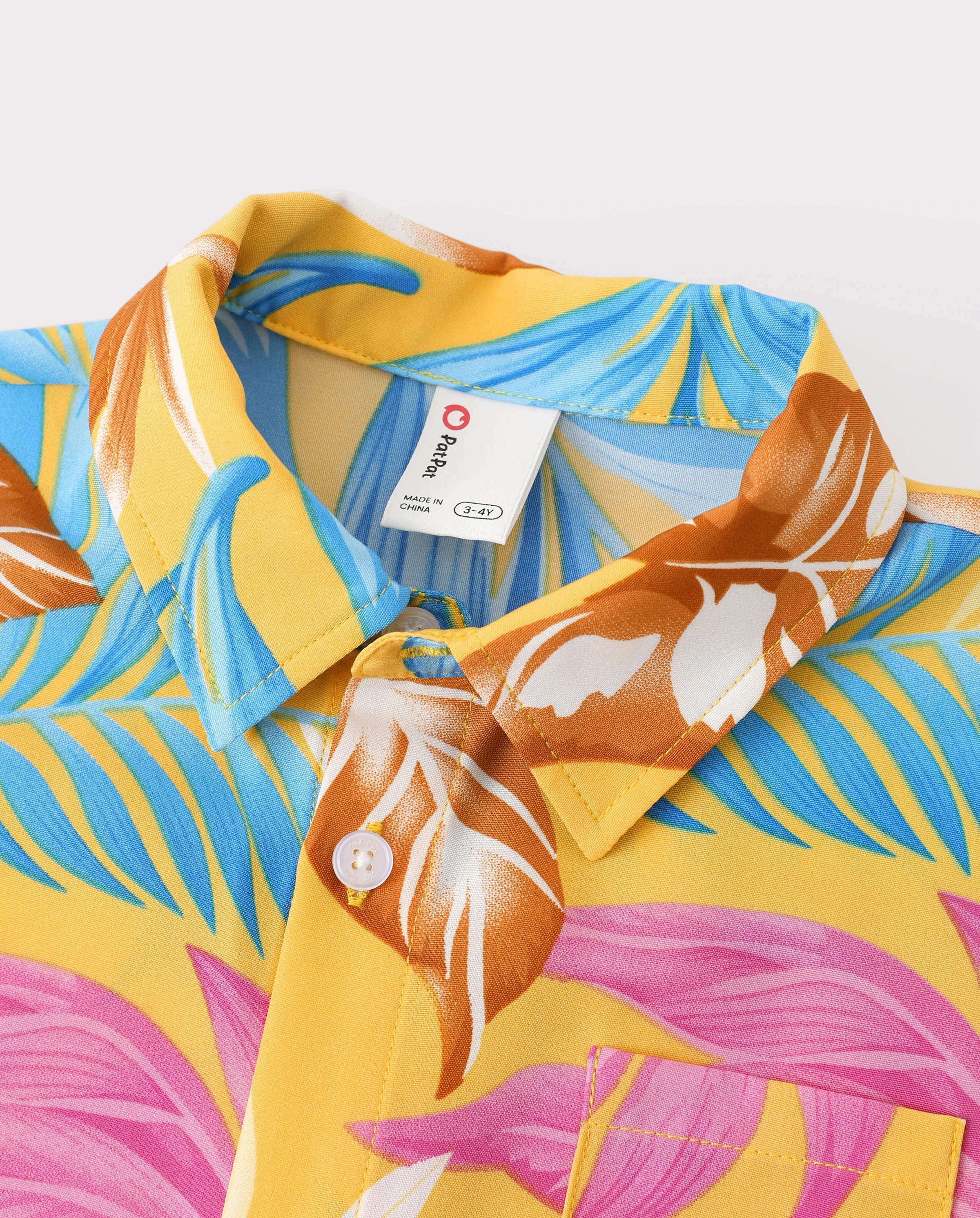 Family Matching Yellow Set Tropical Leaf Print Short-sleeve Shirt or Strap Dress Yellow - Image 9