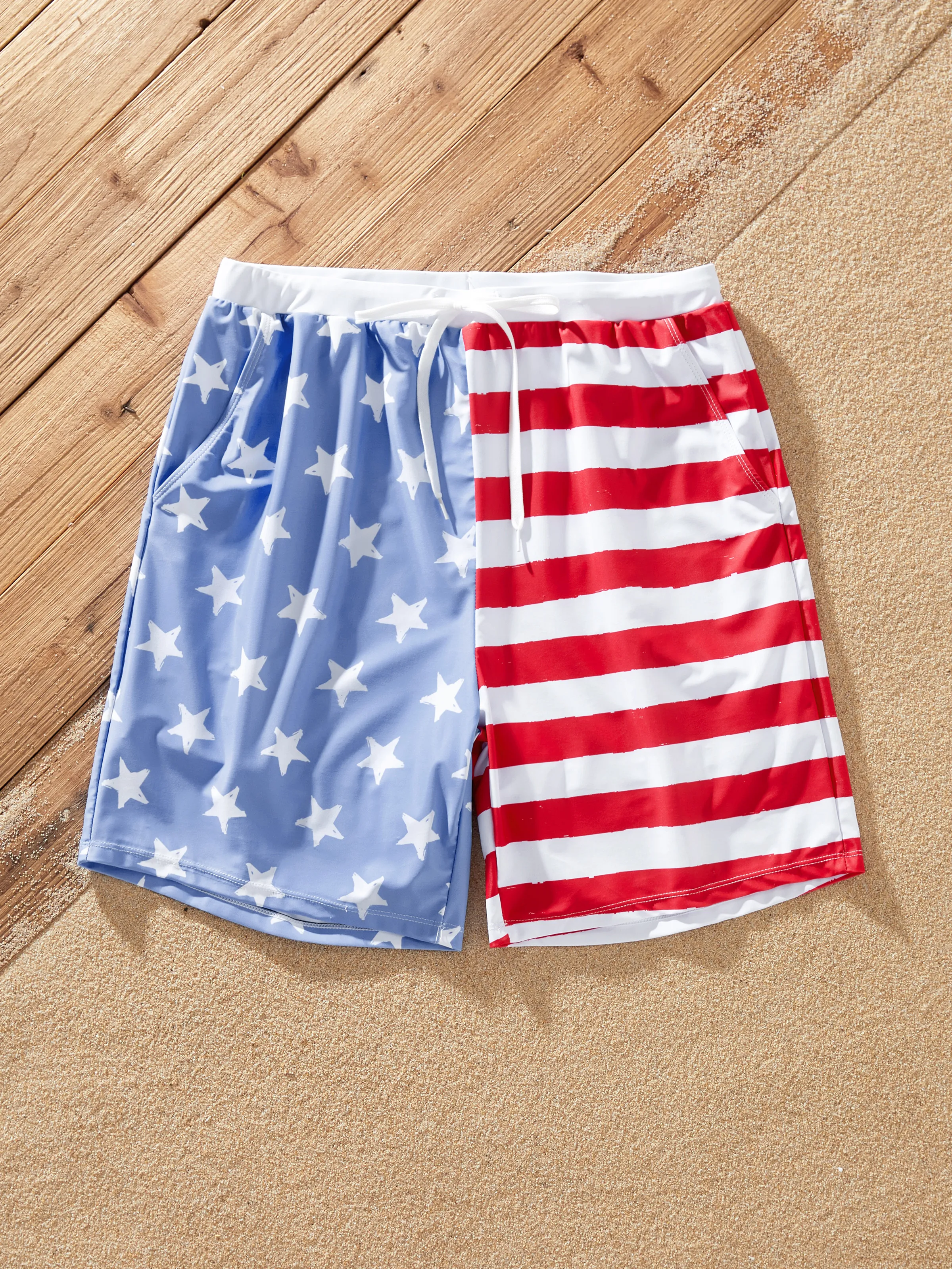 Independence Day 4th of July Daddy & Daughter Patriotic Swimwear Stars and Stripes Board Shorts or Ruffled Layers V-neck One-Piece Swimsuits Blue - Image 3