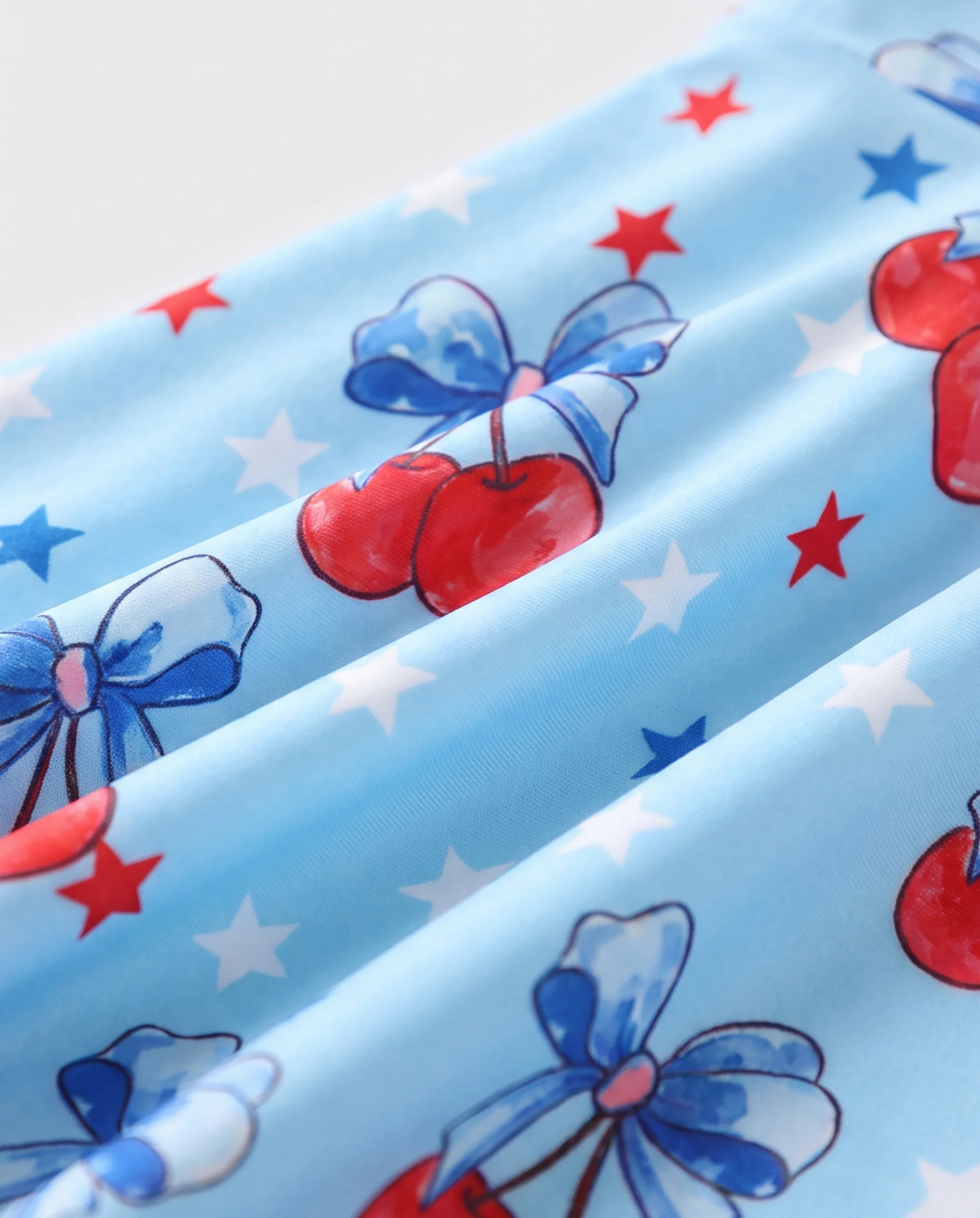 Independence Day Toddler Girls Patriotic Cherry/Star Print Casual Sleeveless Dress Light Blue - Image 4