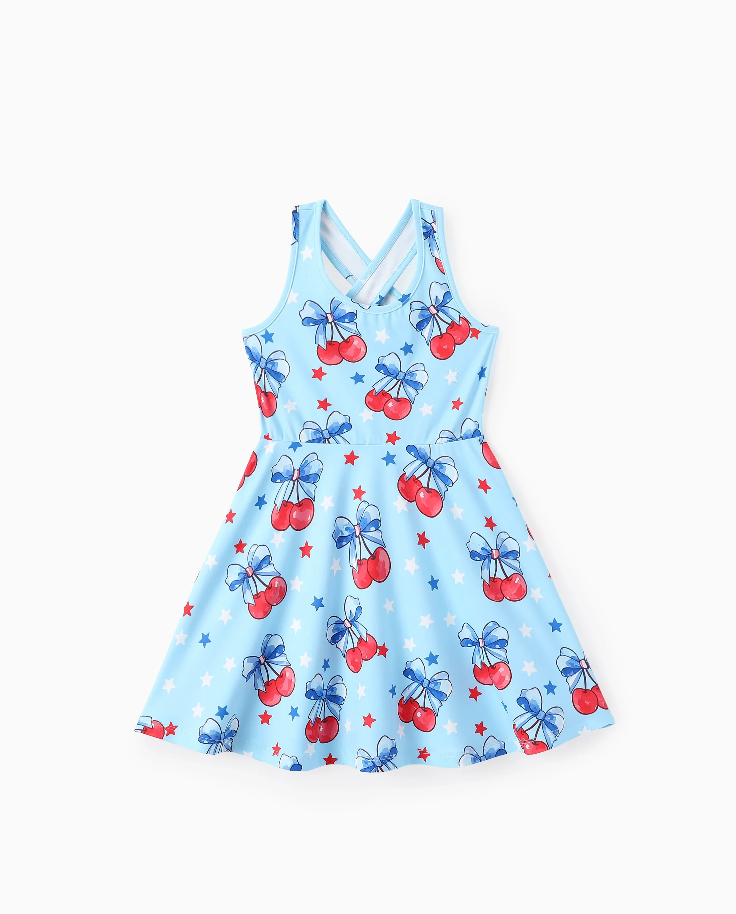 Independence Day Toddler Girls Patriotic Cherry/Star Print Casual Sleeveless Dress Light Blue - Image 5
