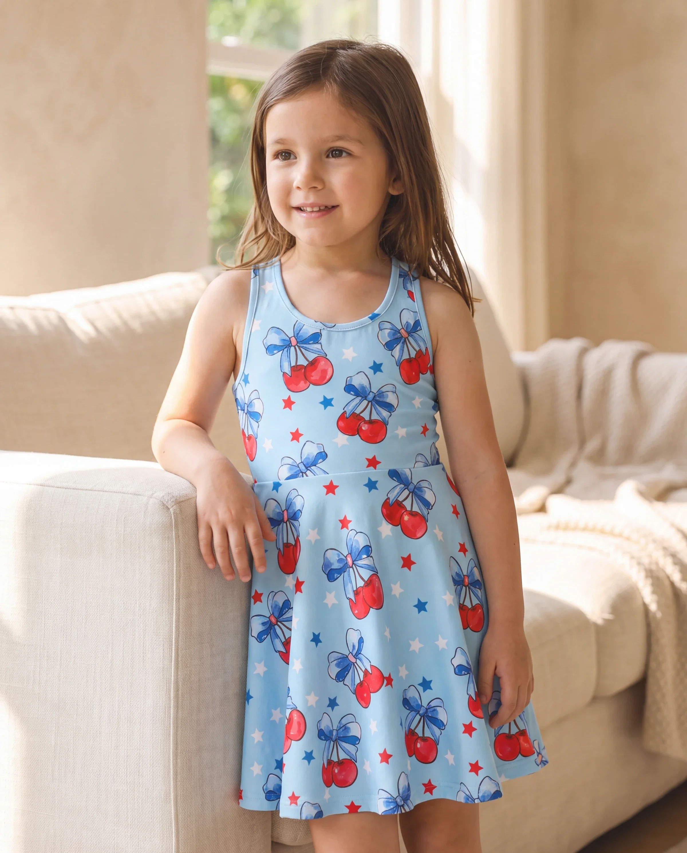 Independence Day Toddler Girls Patriotic Cherry/Star Print Casual Sleeveless Dress Light Blue - Image 6