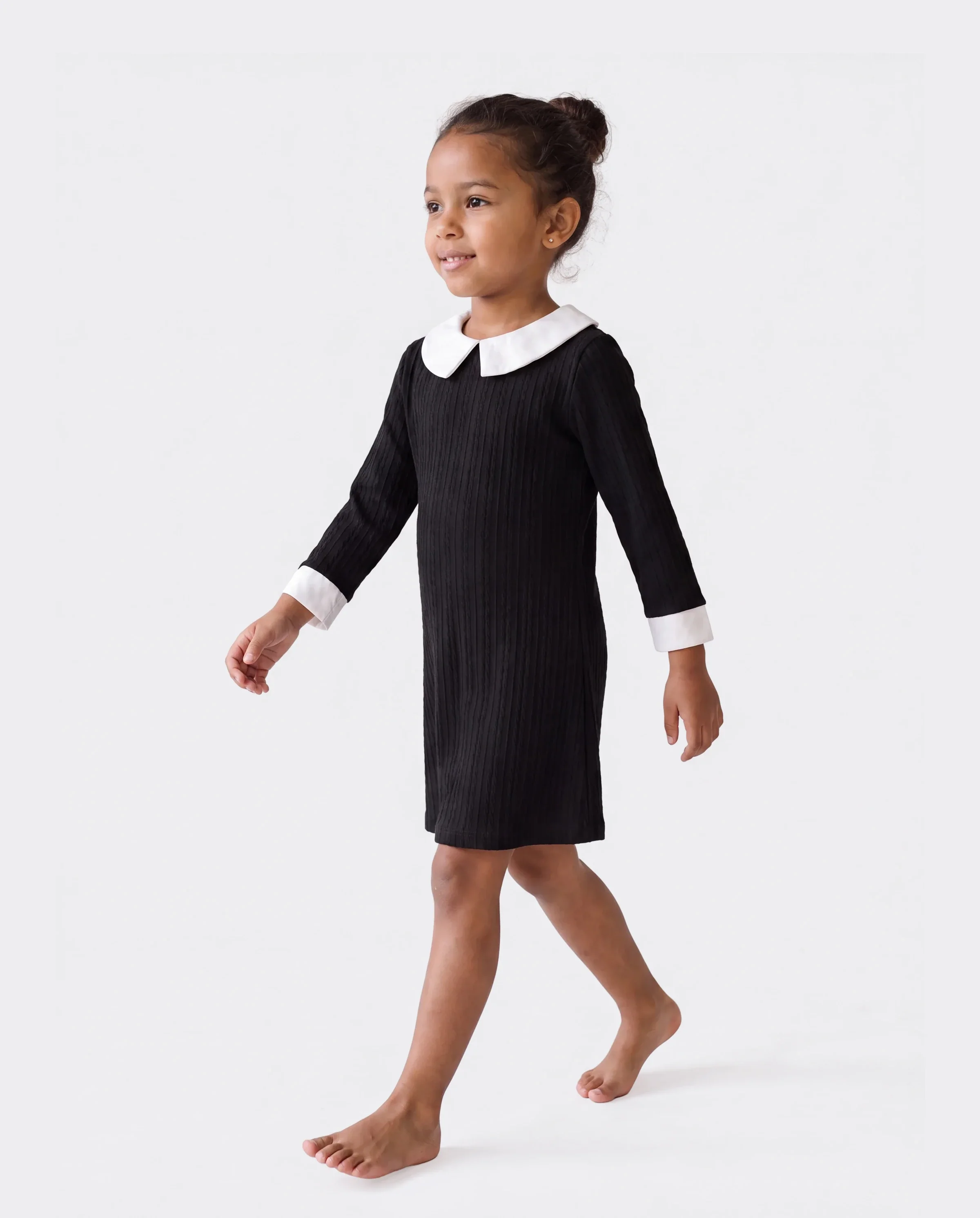 Kid Girl Avant-garde Solid Color Lapel Design Long Sleeve Dress Black - Image 3