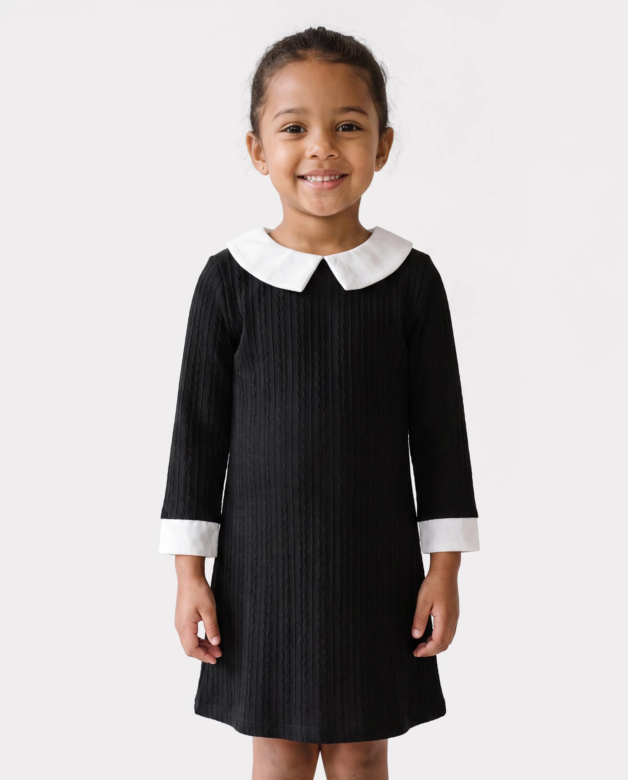 Kid Girl Avant-garde Solid Color Lapel Design Long Sleeve Dress Black - Image 4