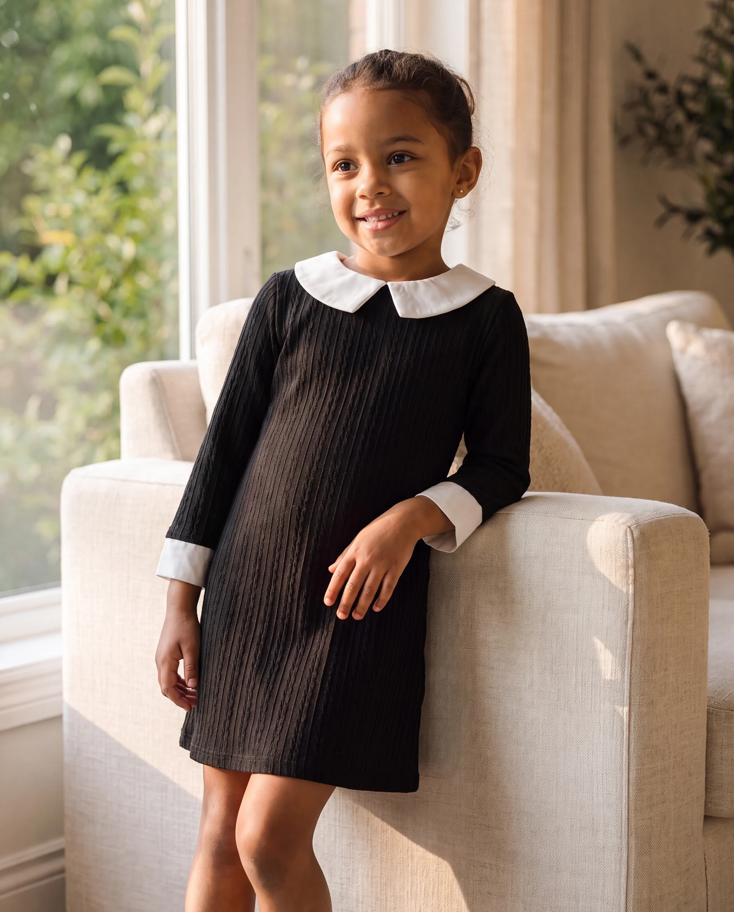 Kid Girl Avant-garde Solid Color Lapel Design Long Sleeve Dress Black - Image 7