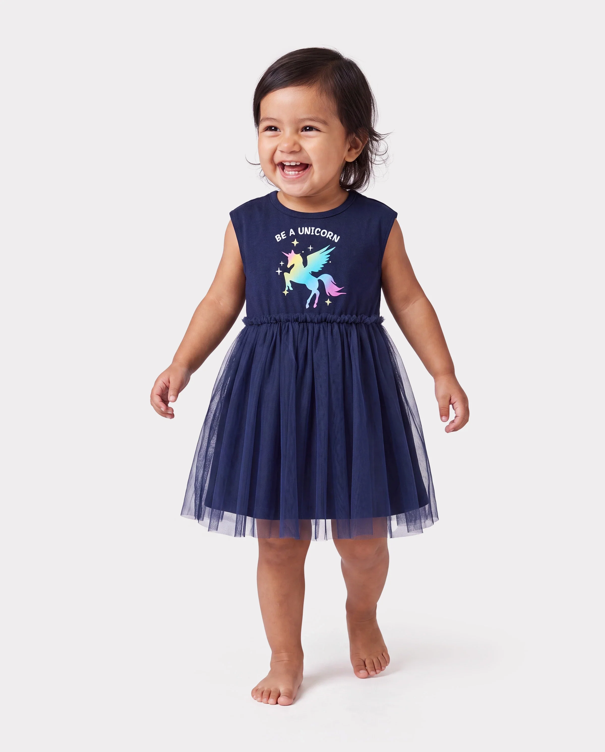 Matching Cotton Dresses for Mommy & Me Unicorn Print with Tulle Skirt for Girls, Knotted Dress for Mom, Perfect for Family Outings & Photos Deep Blue - Image 3