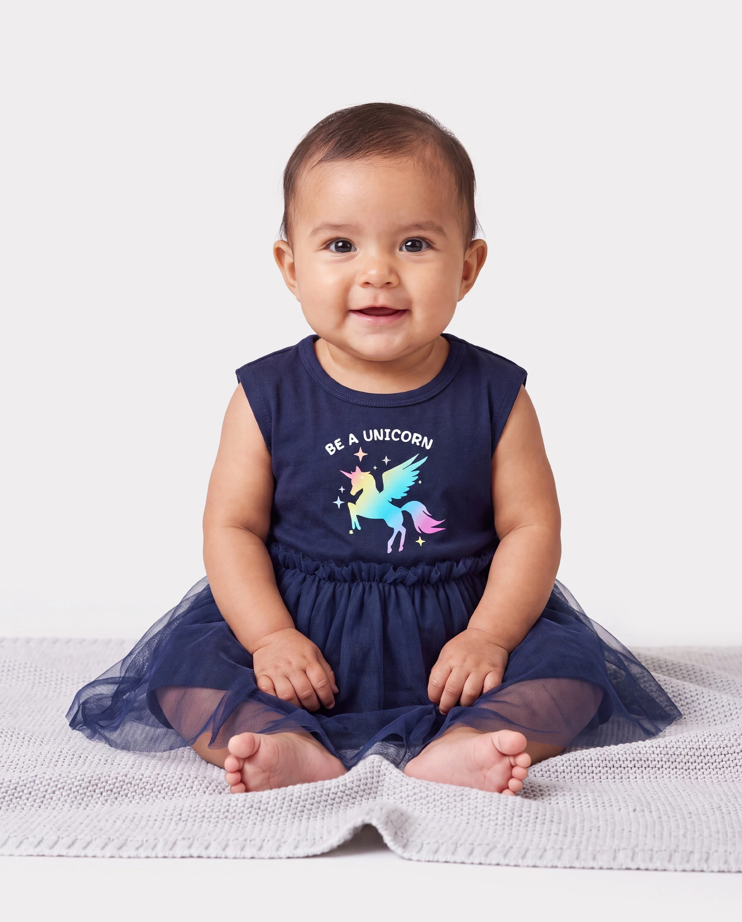 Matching Cotton Dresses for Mommy & Me Unicorn Print with Tulle Skirt for Girls, Knotted Dress for Mom, Perfect for Family Outings & Photos Deep Blue - Image 4