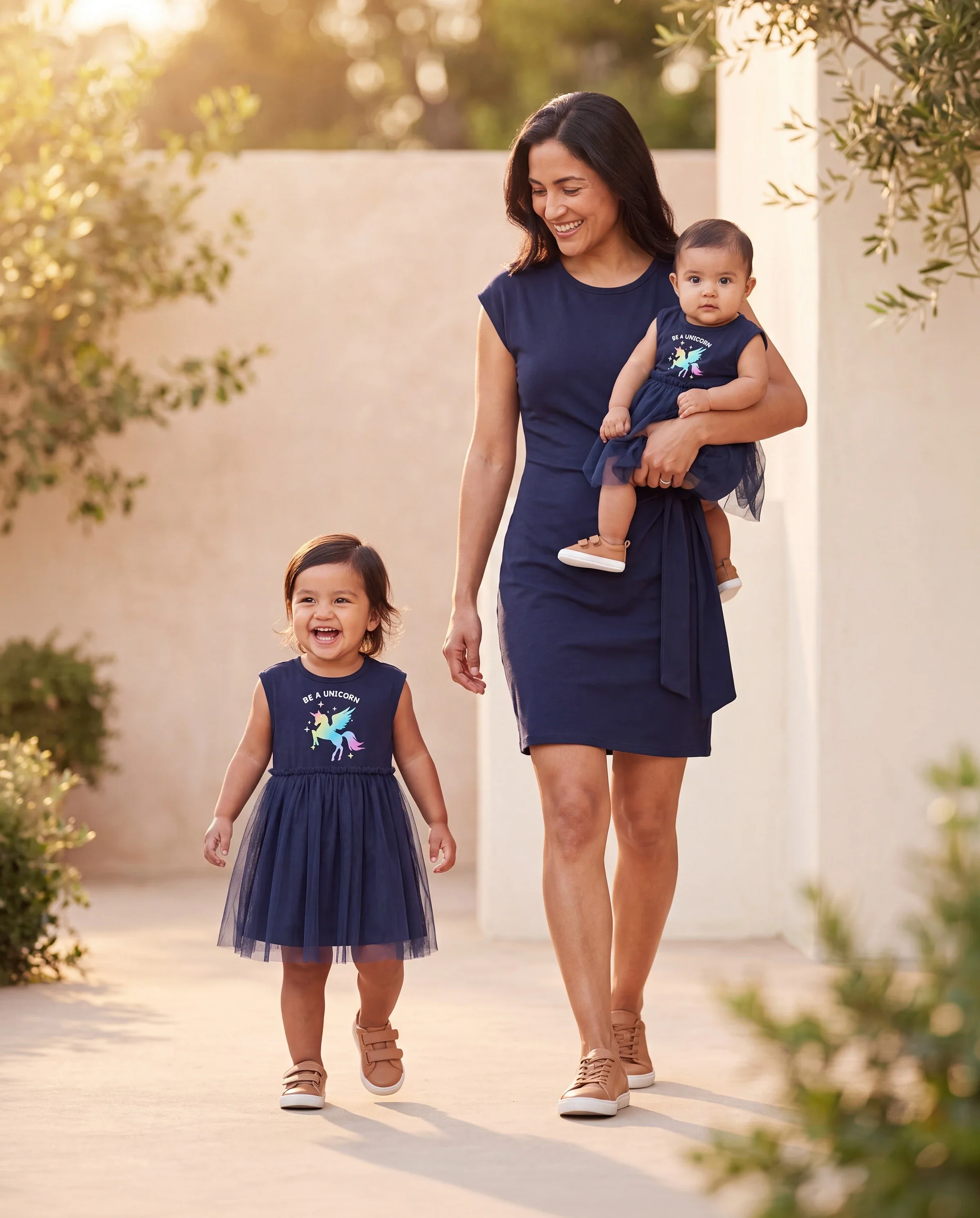 Matching Cotton Dresses for Mommy & Me Unicorn Print with Tulle Skirt for Girls, Knotted Dress for Mom, Perfect for Family Outings & Photos Deep Blue - Image 9