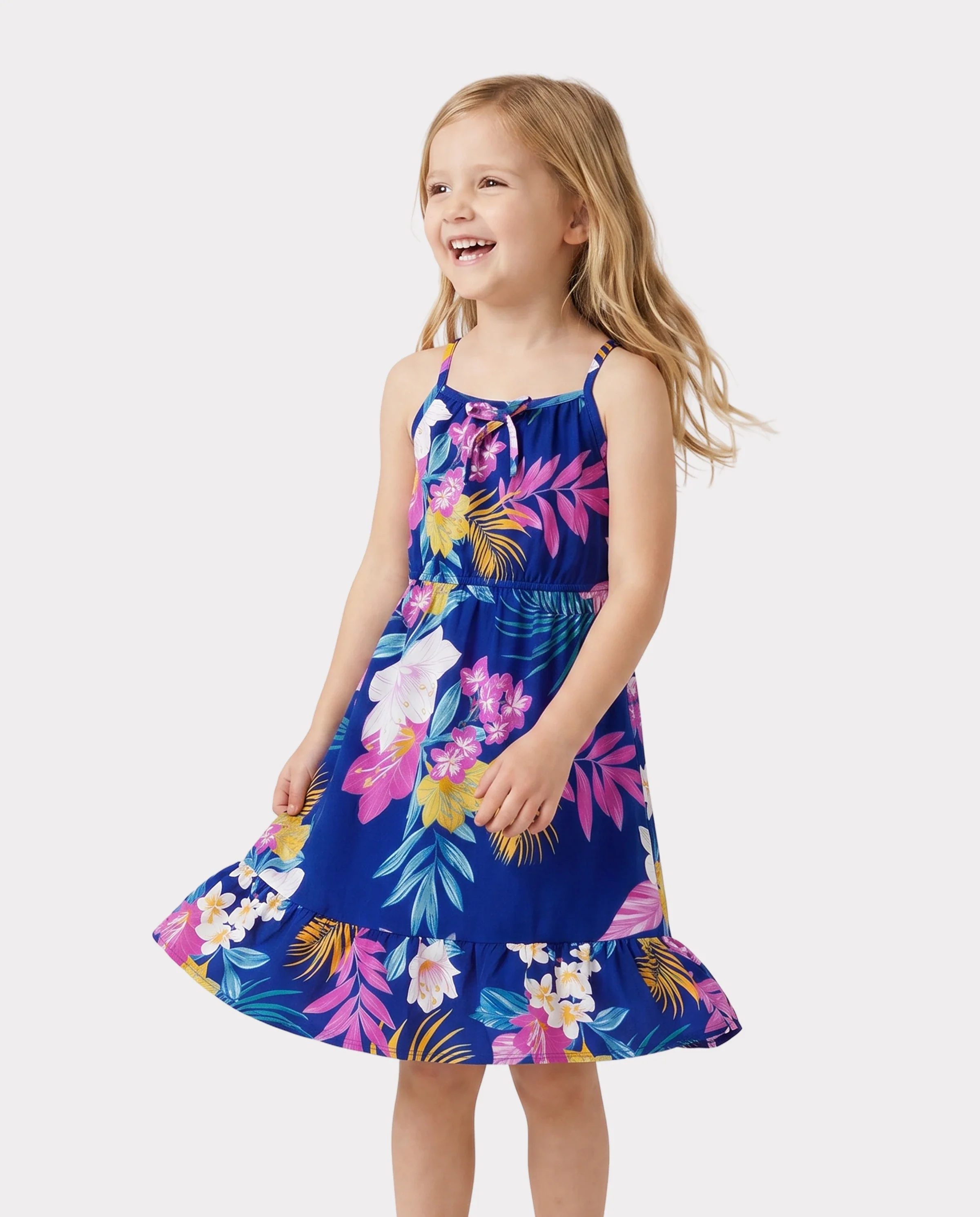 Matching Family Hawaiian Outfits Tropical Floral Print Strap Dress or Short-sleeve Shirts & Shorts Set Summer Beachwear Set for Vacation Deep Blue - Image 3