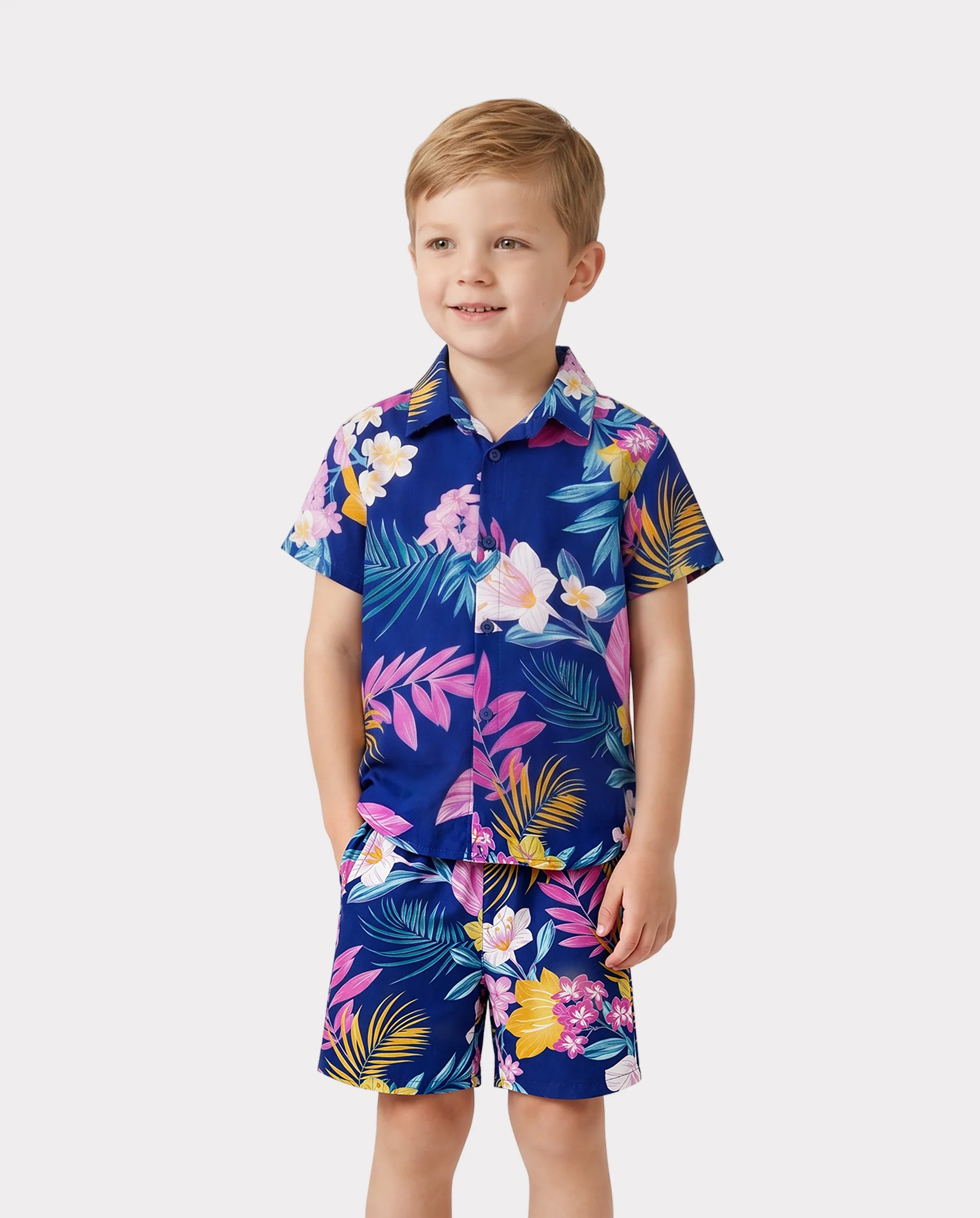 Matching Family Hawaiian Outfits Tropical Floral Print Strap Dress or Short-sleeve Shirts & Shorts Set Summer Beachwear Set for Vacation Deep Blue - Image 4