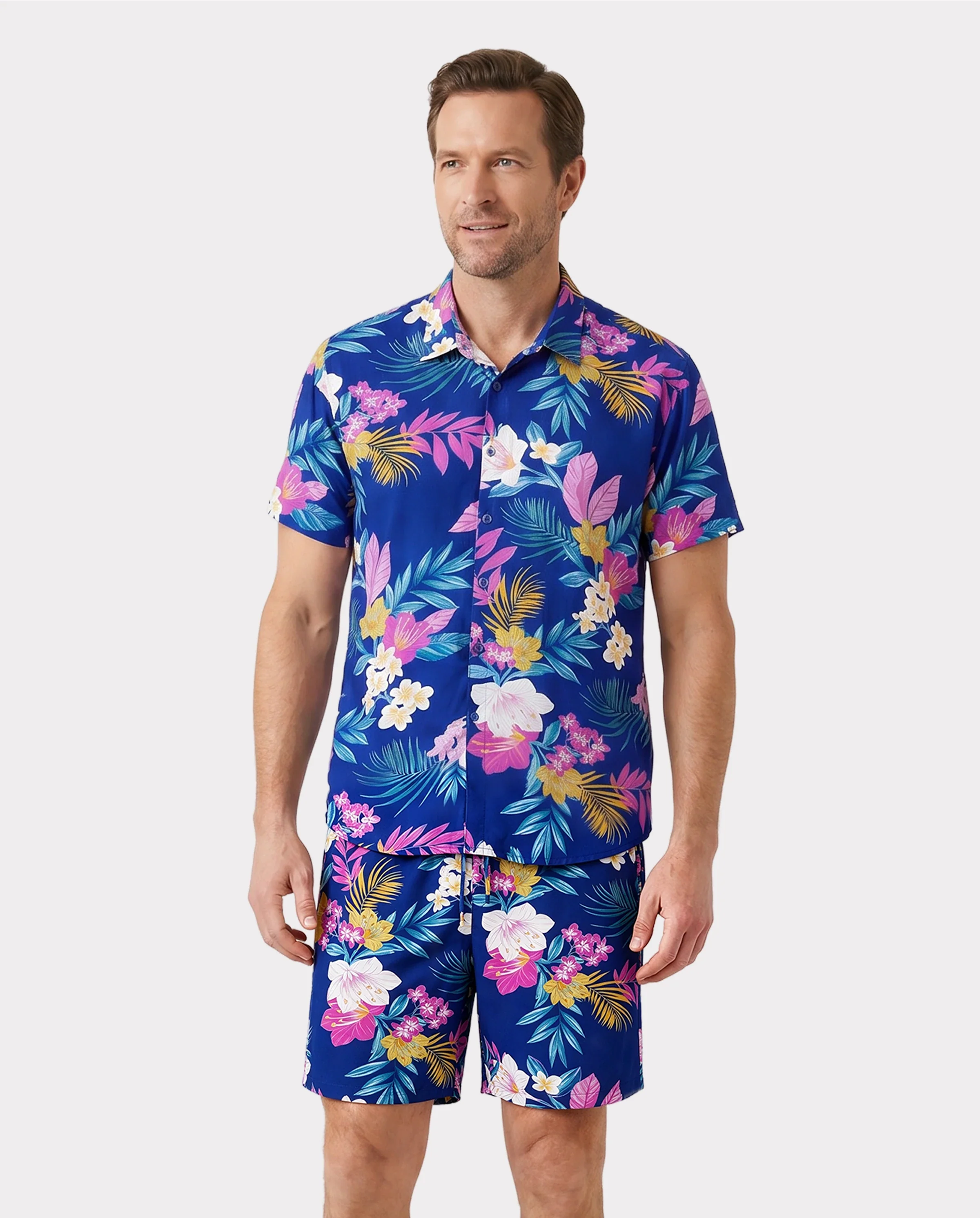 Matching Family Hawaiian Outfits Tropical Floral Print Strap Dress or Short-sleeve Shirts & Shorts Set Summer Beachwear Set for Vacation Deep Blue - Image 5