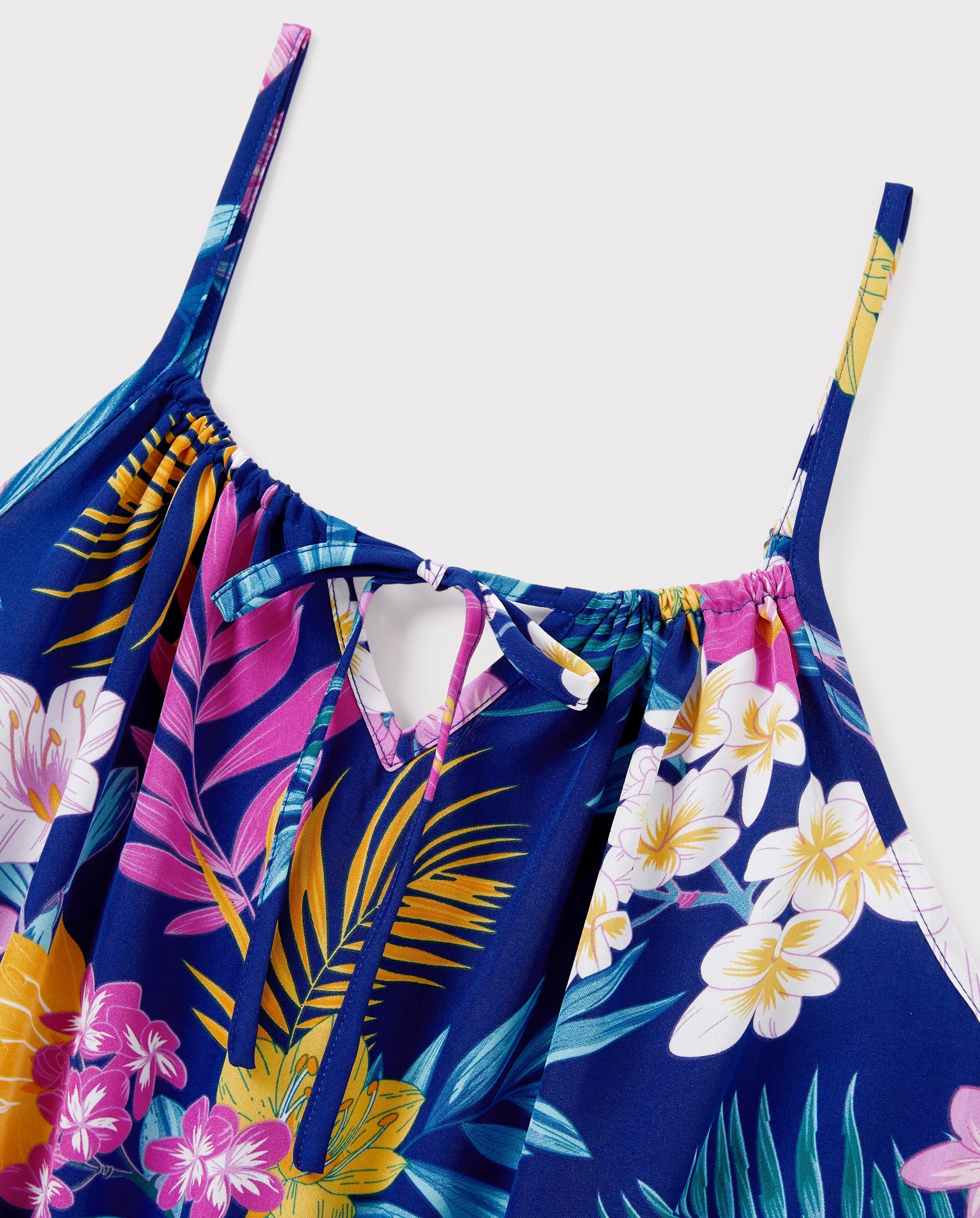 Matching Family Hawaiian Outfits Tropical Floral Print Strap Dress or Short-sleeve Shirts & Shorts Set Summer Beachwear Set for Vacation Deep Blue - Image 7