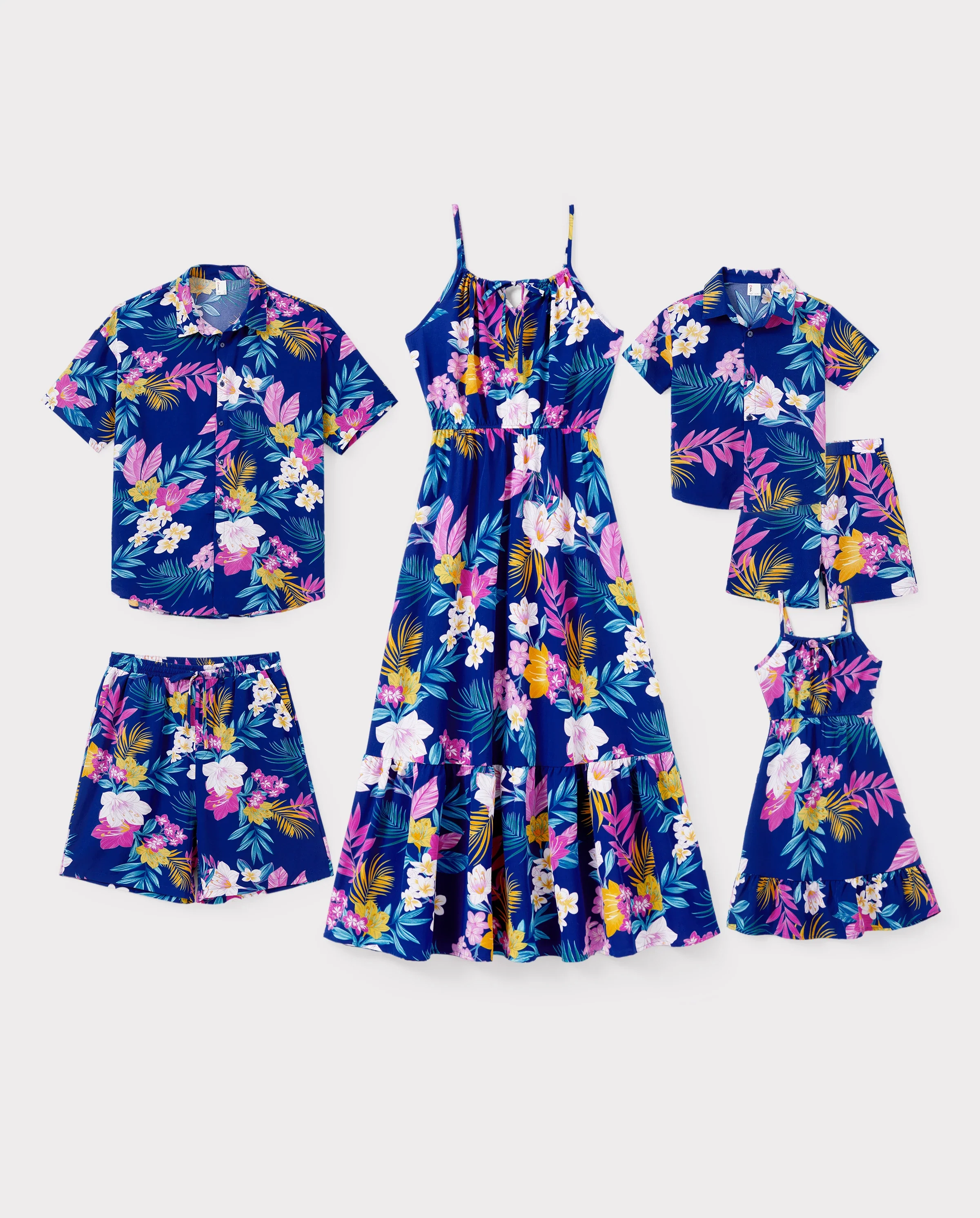 Matching Family Hawaiian Outfits Tropical Floral Print Strap Dress or Short-sleeve Shirts & Shorts Set Summer Beachwear Set for Vacation Deep Blue - Image 9