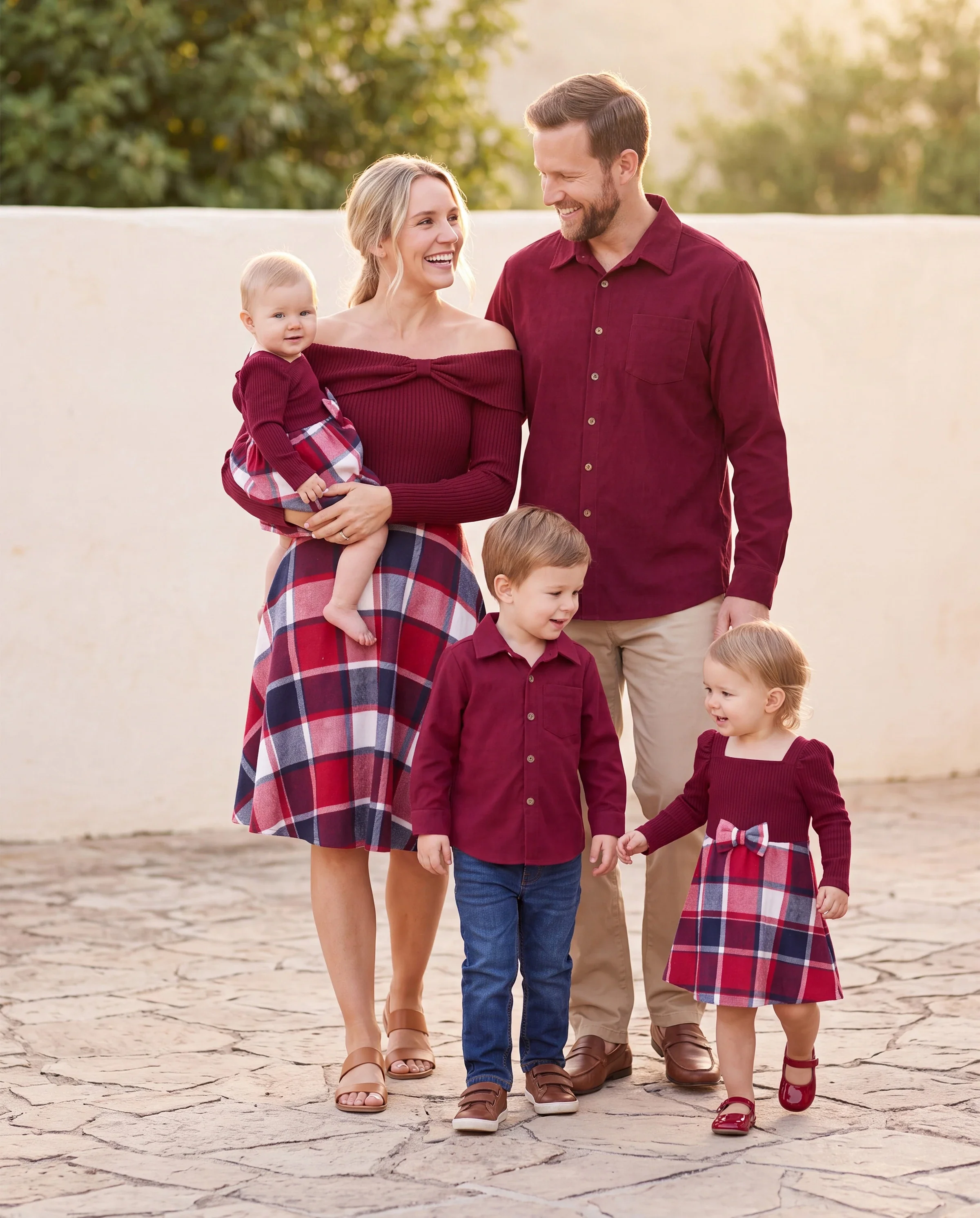 Matching Family Outfit Set Long-sleeve Shirt and Off Shoulder Long-sleeve Plaid Splicing Knitted Dress Burgundy - Image 10