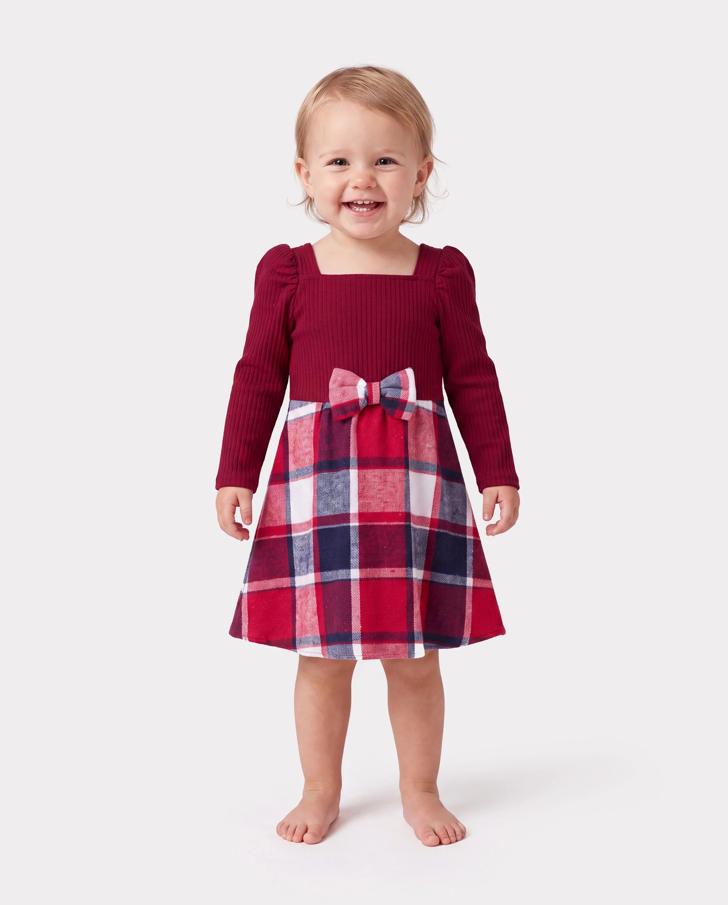Matching Family Outfit Set Long-sleeve Shirt and Off Shoulder Long-sleeve Plaid Splicing Knitted Dress Burgundy - Image 3