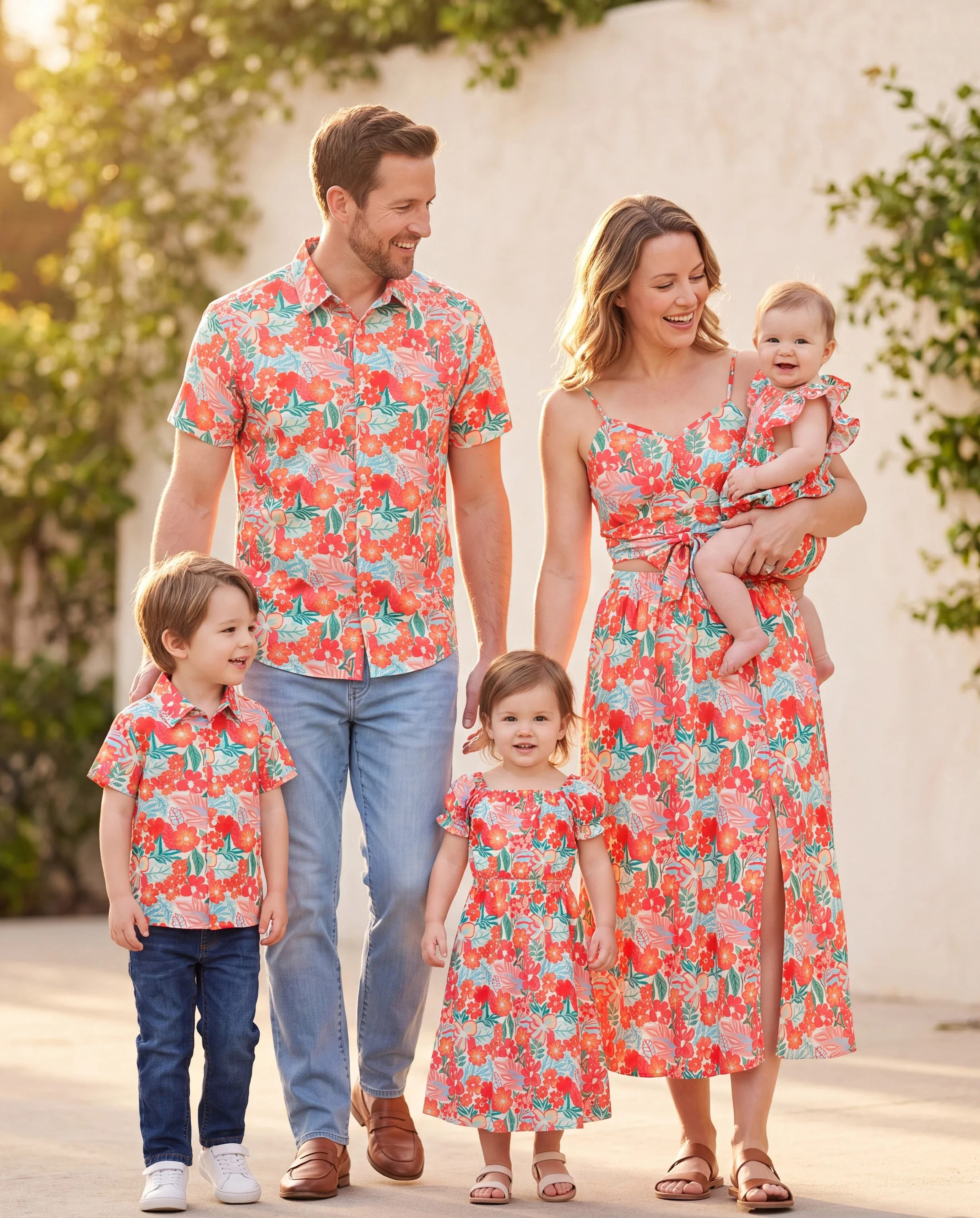 Matching Family Outfits Hawaiian Floral Print Shirts & Sleeveless Strap Top and Skirt Co-ord Set Multi-color - Image 11