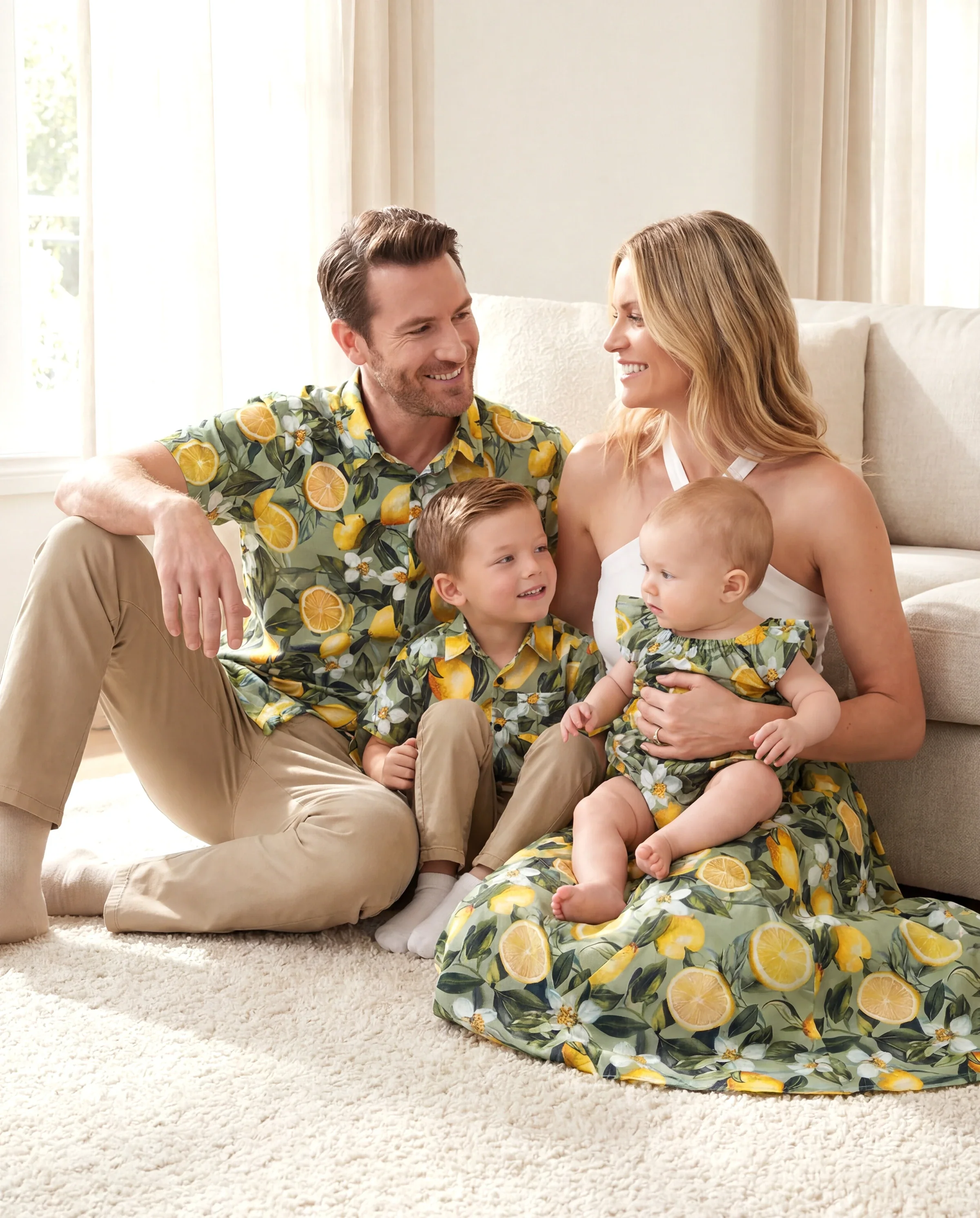 Matching Family Outfits Lemon Print Hawaiian Shirts & Summer Dresses Tropical Vacation Clothes for Men, Women & Kids Green - Image 11