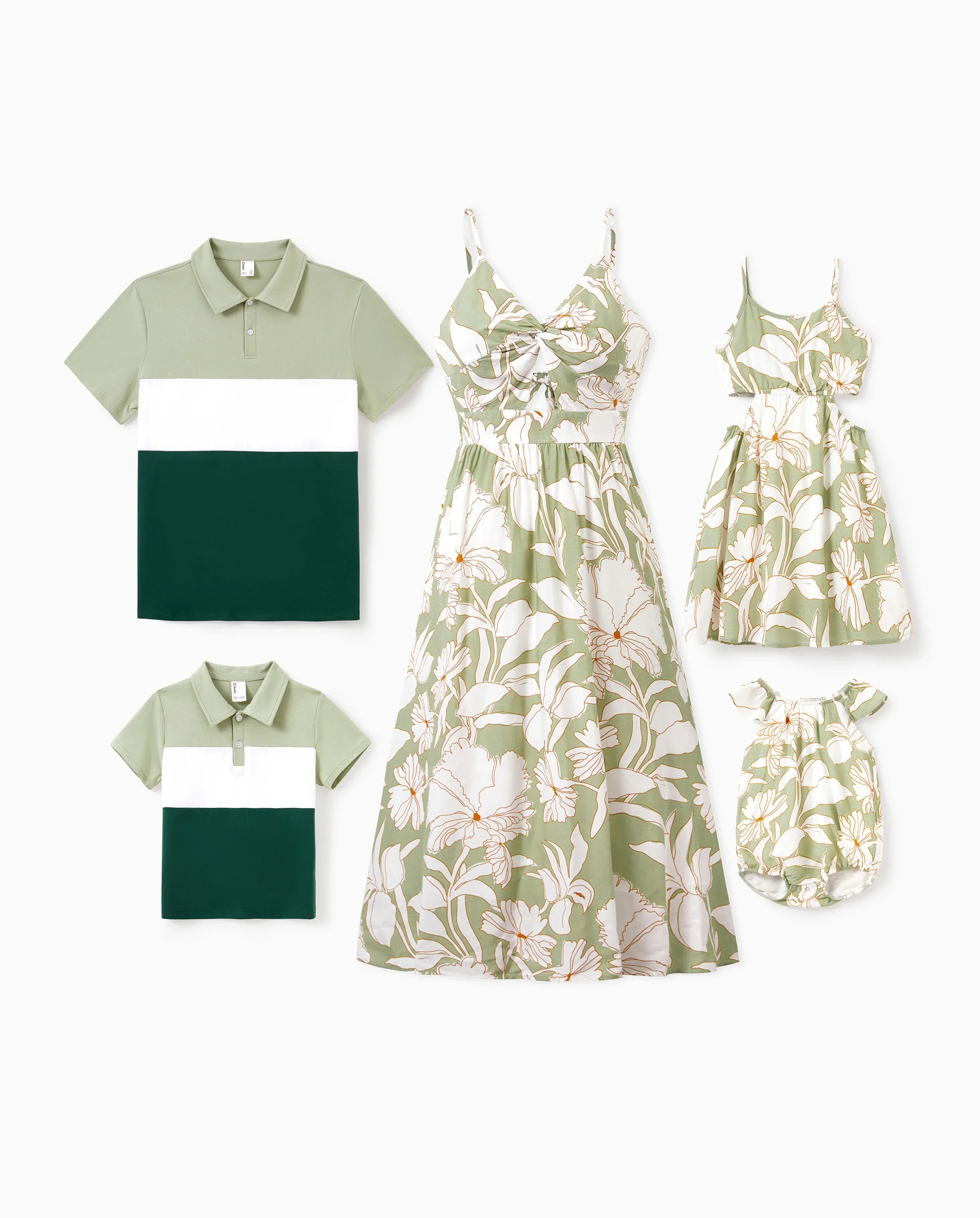 Matching Family Outfits Tropical Floral Print Strap Dress or Short-sleeve Colorblock Shirts Set Pale Green - Image 10