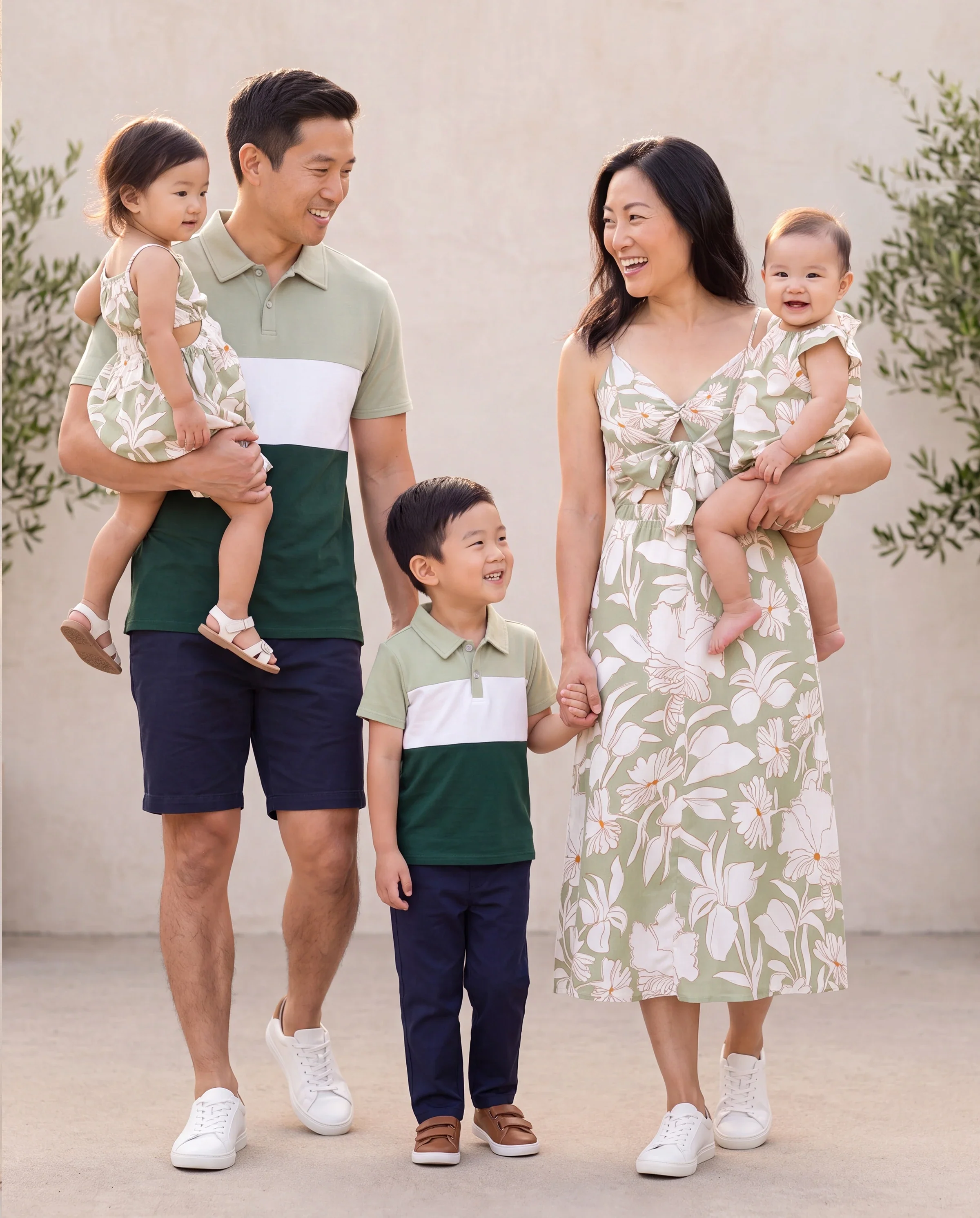 Matching Family Outfits Tropical Floral Print Strap Dress or Short-sleeve Colorblock Shirts Set Pale Green - Image 11