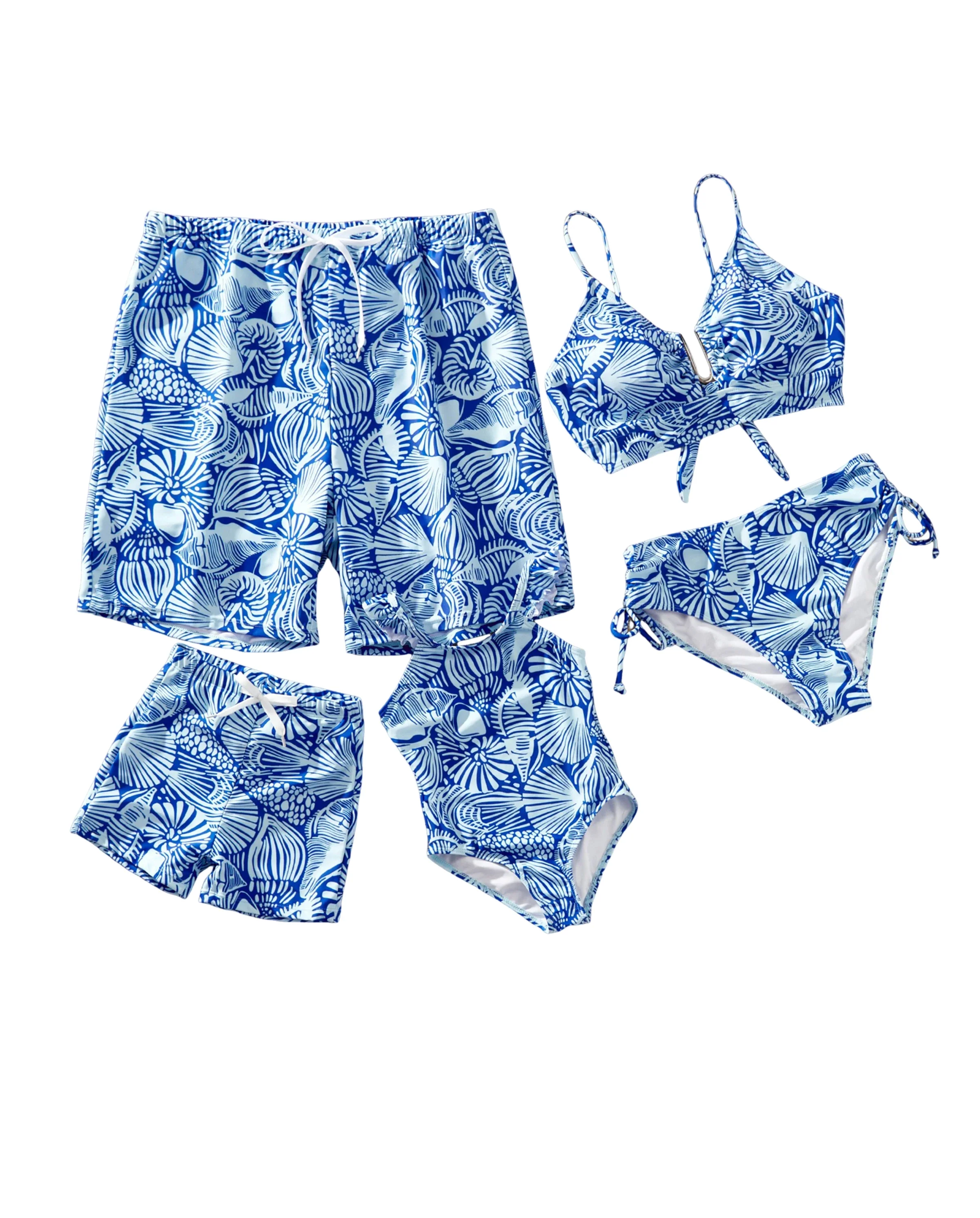 Matching Family Shell Print Swimwear Floral two-piece Bikini & Swim Shorts Set for Mom, Dad, & Kids, Perfect for Beach Days & Pool Parties Blue - Image 9