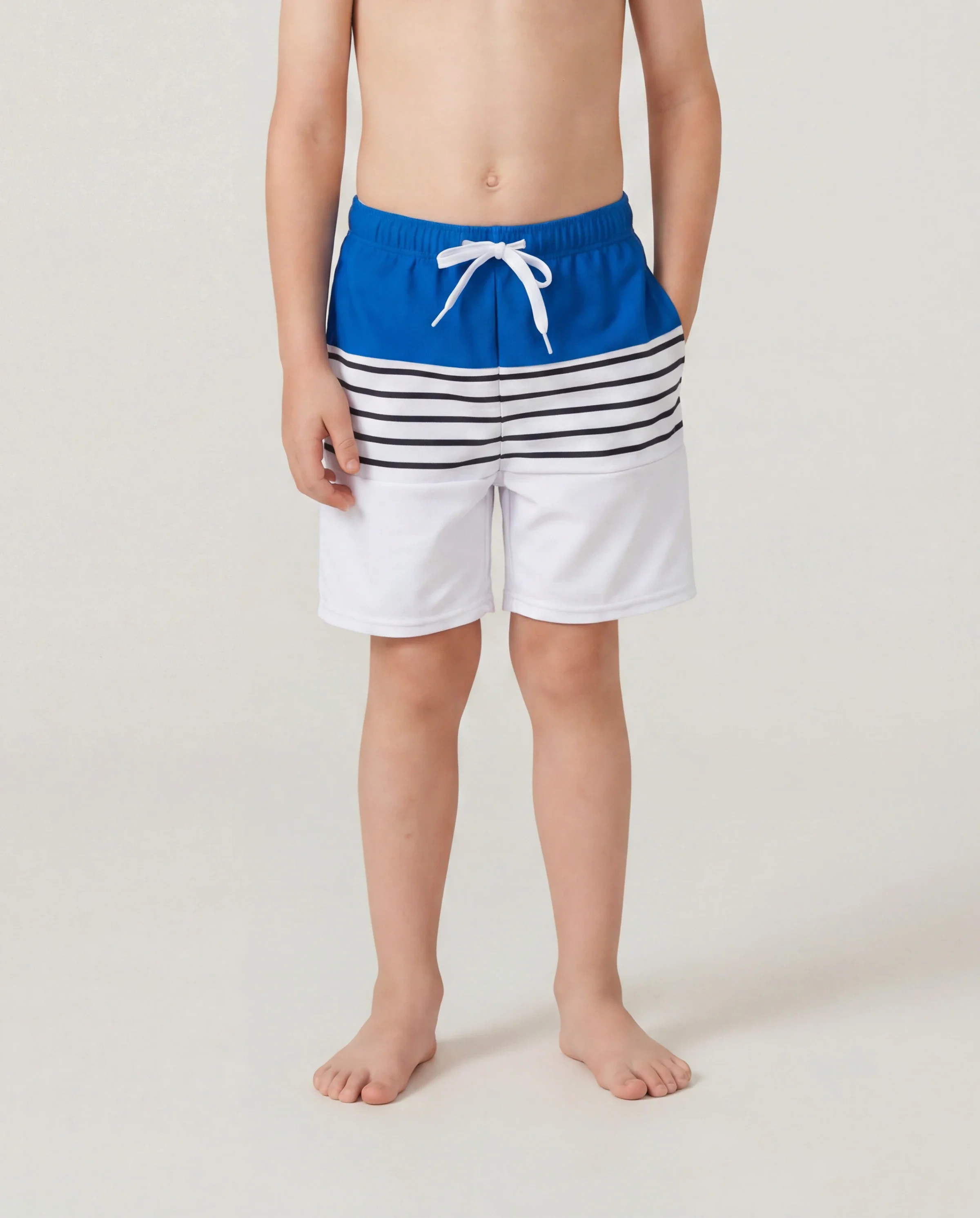 Matching Family Swimsuit Colorblock Drawstring Swim Trunks or Striped Blue Spliced Tankini with Cross-Front, Tie-Back, and Thin Straps Color block - Image 4