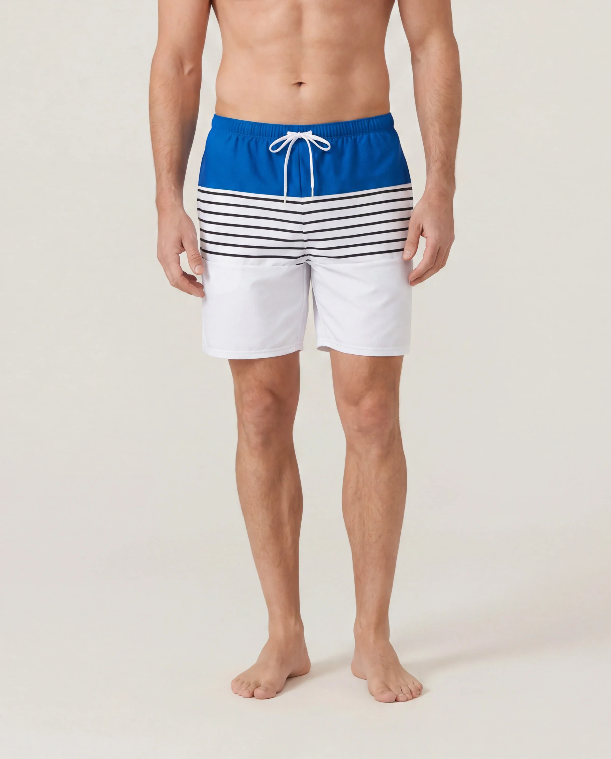 Matching Family Swimsuit Colorblock Drawstring Swim Trunks or Striped Blue Spliced Tankini with Cross-Front, Tie-Back, and Thin Straps Color block - Image 5